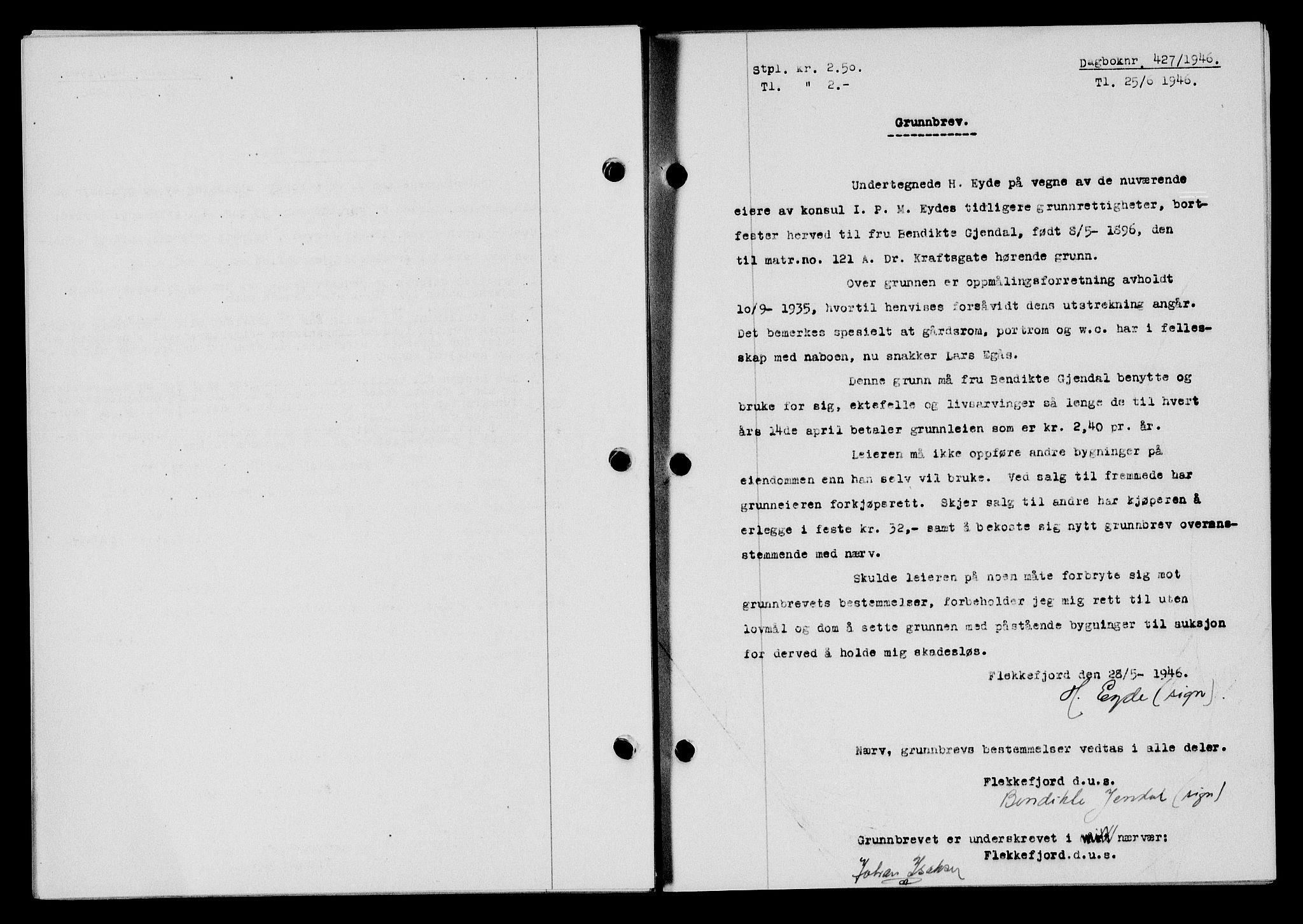 Flekkefjord sorenskriveri, SAK/1221-0001/G/Gb/Gba/L0060: Mortgage book no. A-8, 1945-1946, Diary no: : 427/1946