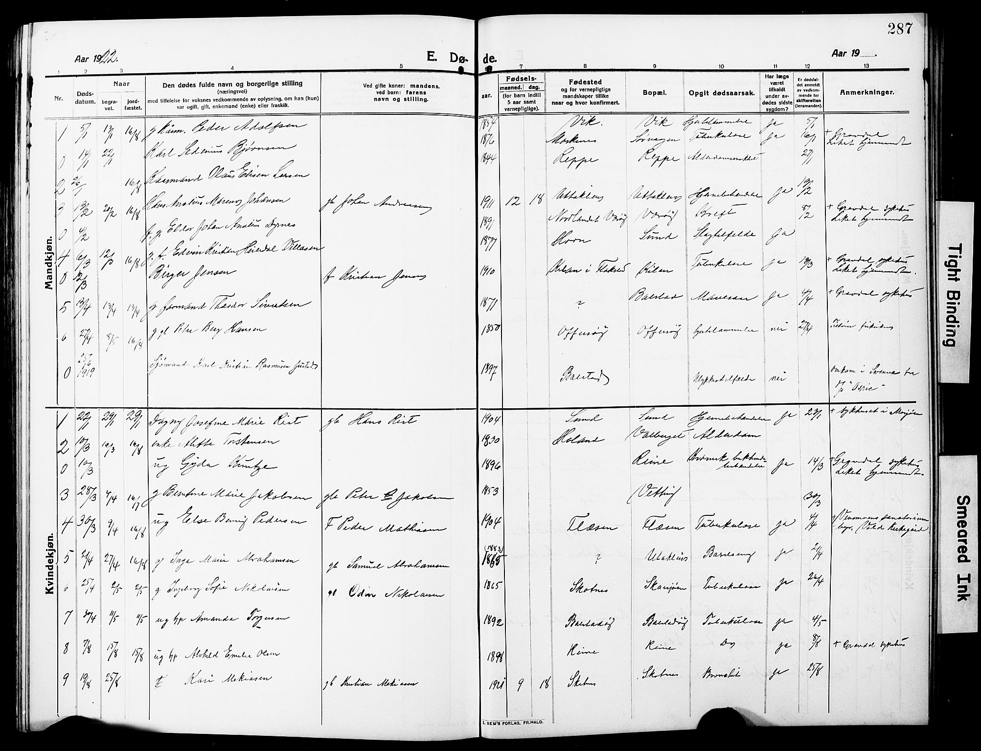 Ministerialprotokoller, klokkerbøker og fødselsregistre - Nordland, SAT/A-1459/881/L1169: Parish register (copy) no. 881C06, 1912-1930, p. 287