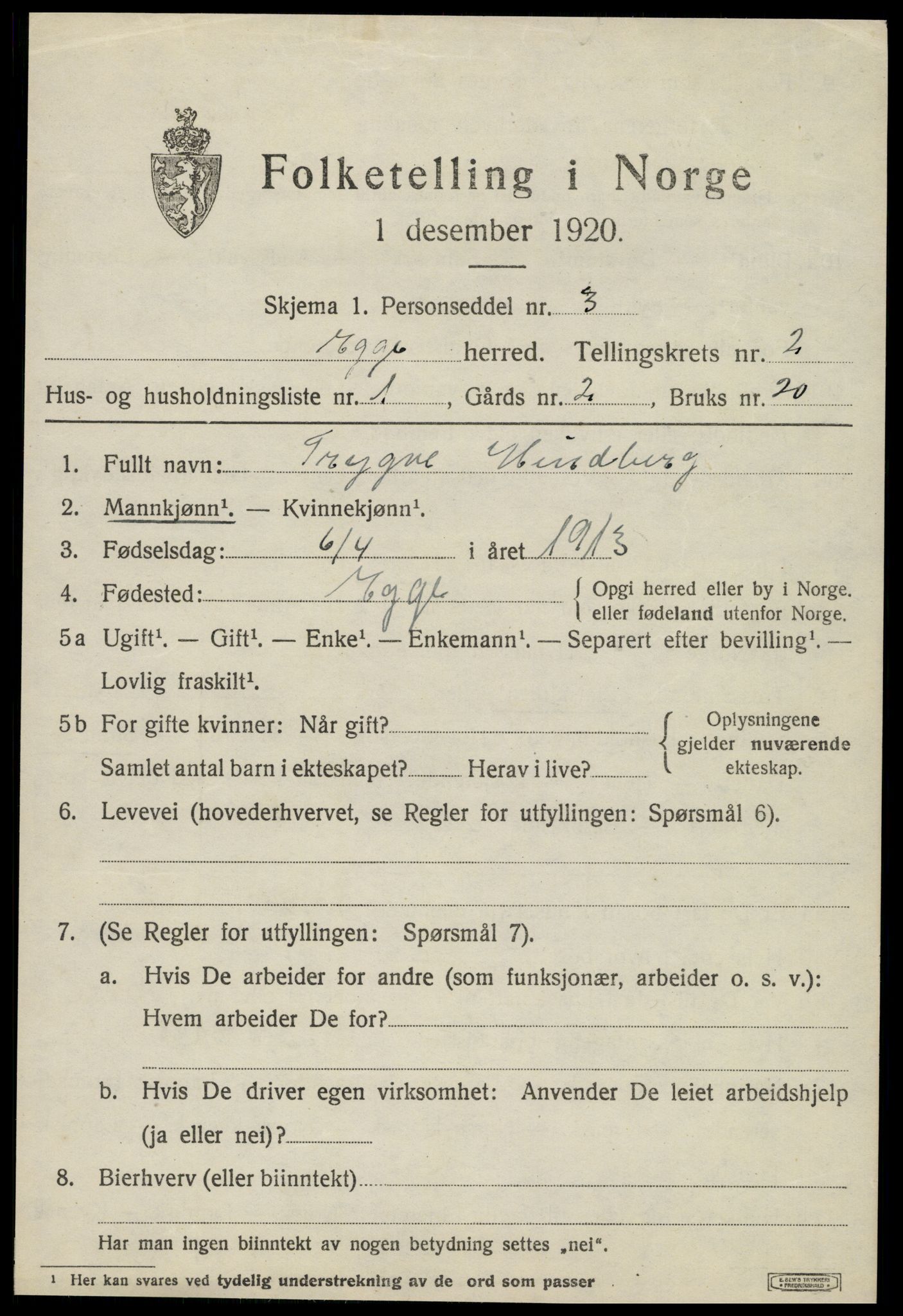 SAT, 1920 census for Egge, 1920, p. 1038