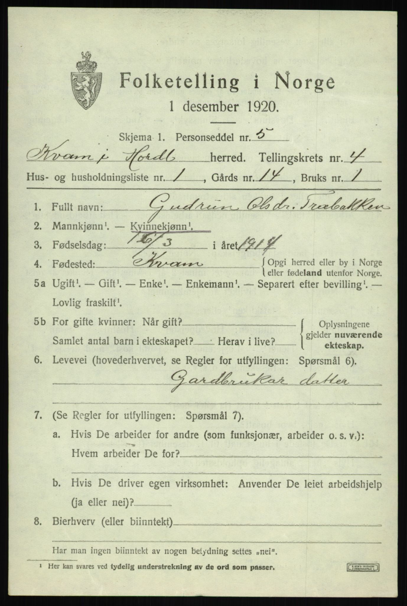 SAB, 1920 census for Kvam, 1920, p. 3245