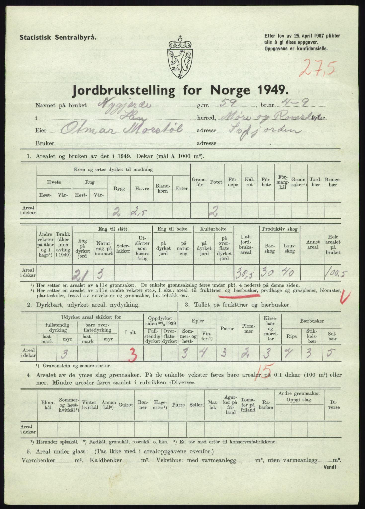 Statistisk sentralbyrå, Næringsøkonomiske emner, Jordbruk, skogbruk, jakt, fiske og fangst, AV/RA-S-2234/G/Gc/L0323: Møre og Romsdal: Grytten og Hen, 1949, p. 637