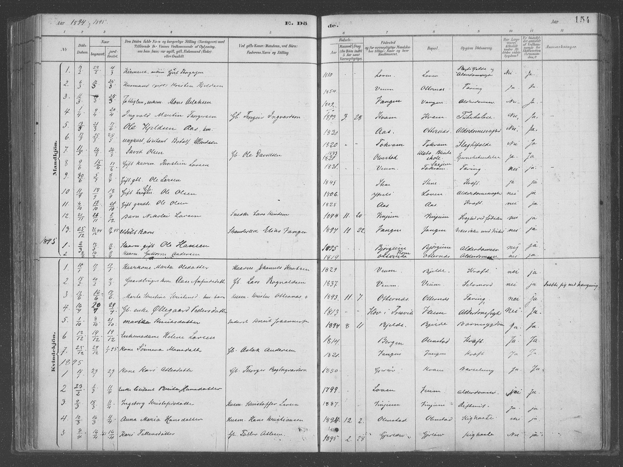 Aurland sokneprestembete, SAB/A-99937/H/Ha/Hab/L0001: Parish register (official) no. B  1, 1880-1909, p. 154