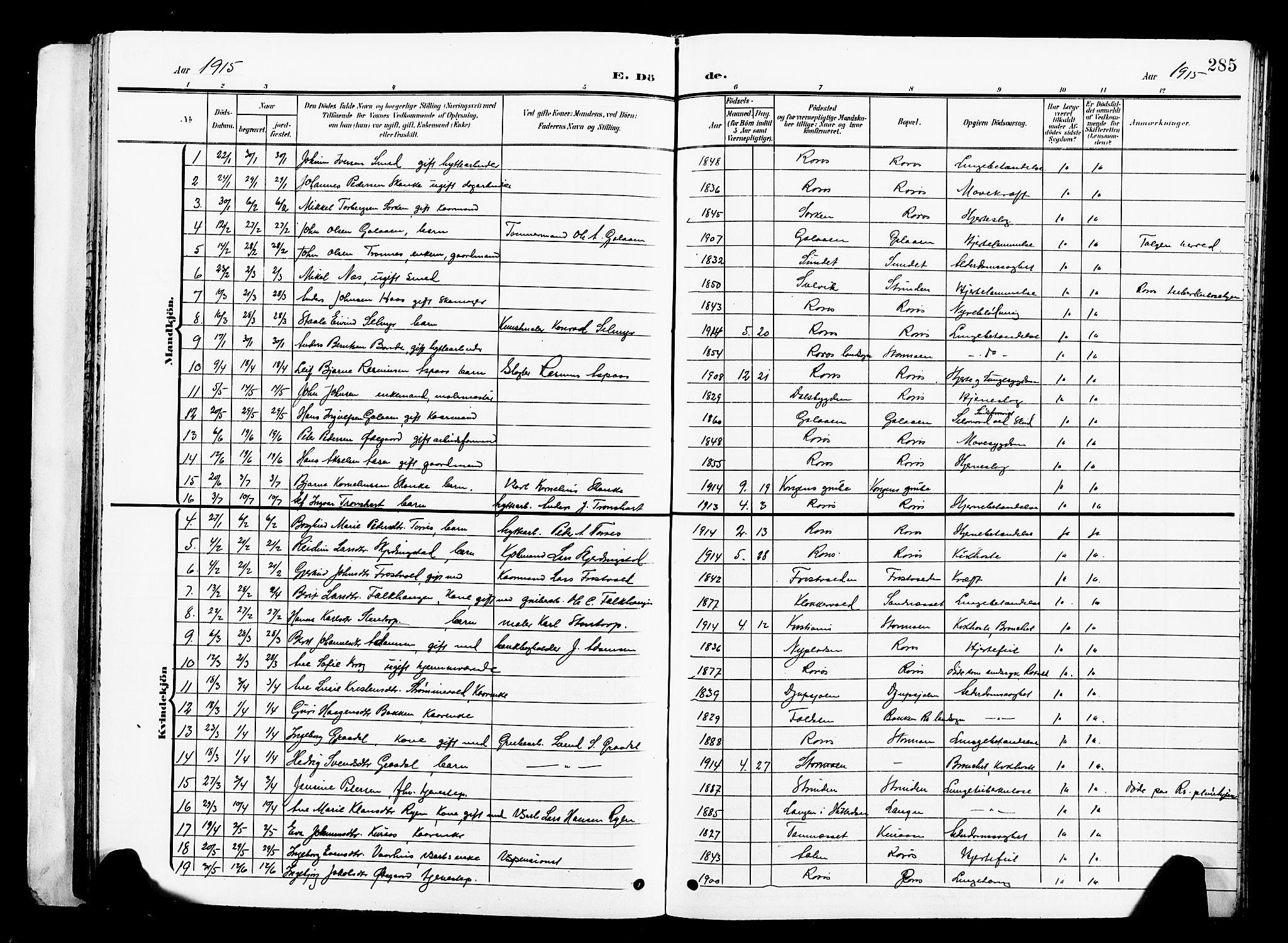 Ministerialprotokoller, klokkerbøker og fødselsregistre - Sør-Trøndelag, SAT/A-1456/681/L0942: Parish register (copy) no. 681C06, 1906-1925, p. 285