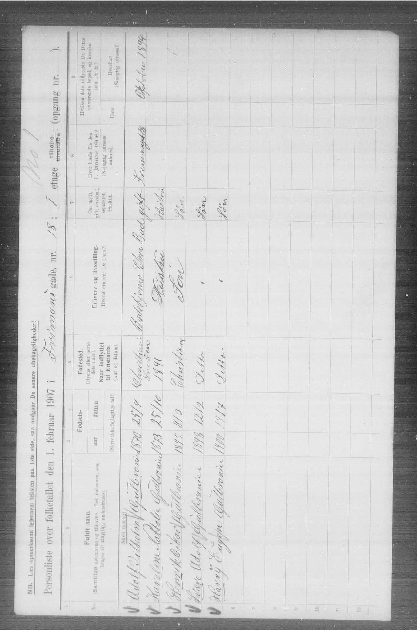 OBA, Municipal Census 1907 for Kristiania, 1907, p. 13658