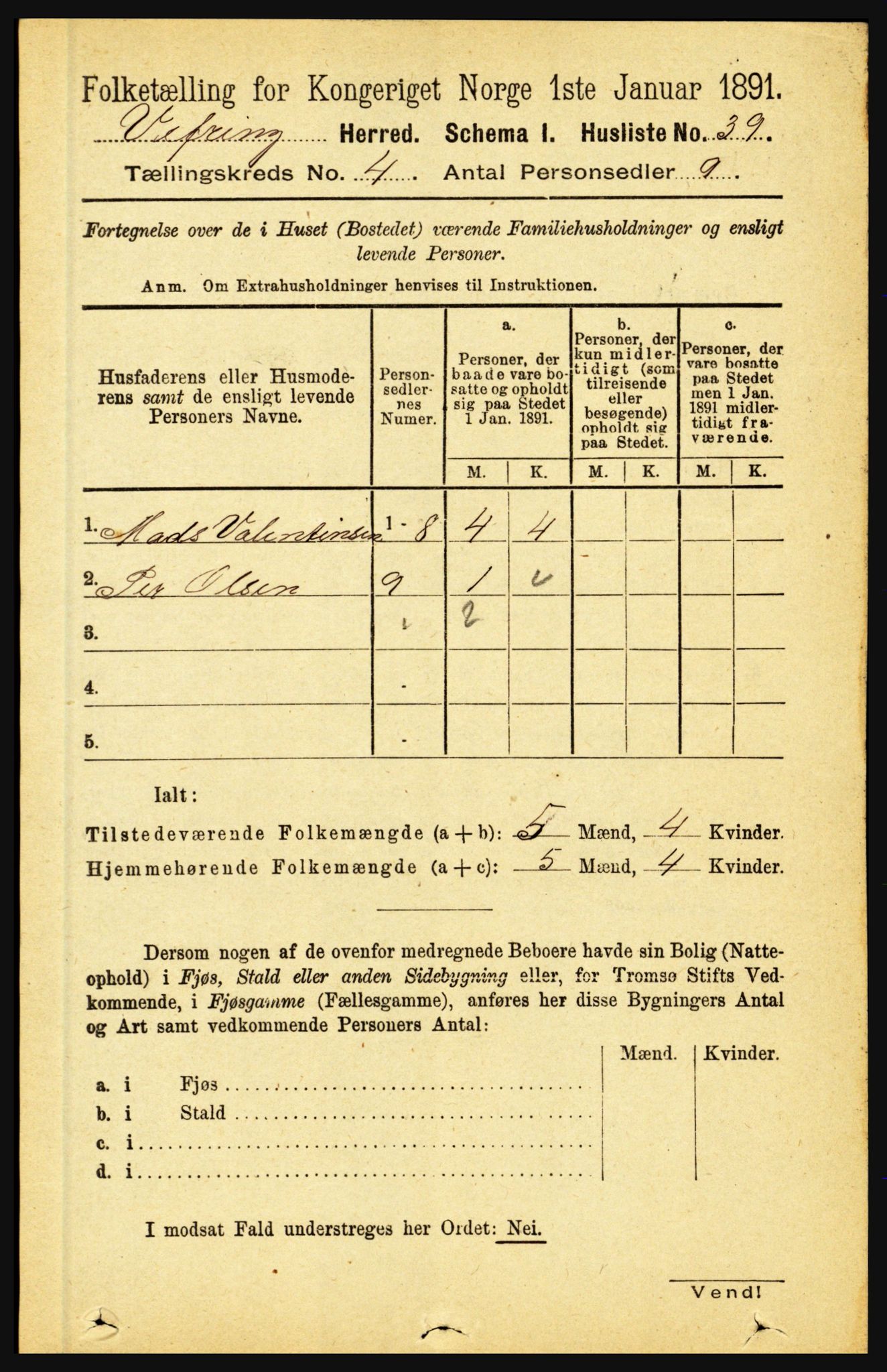 RA, 1891 census for 1434 Vevring, 1891, p. 1187