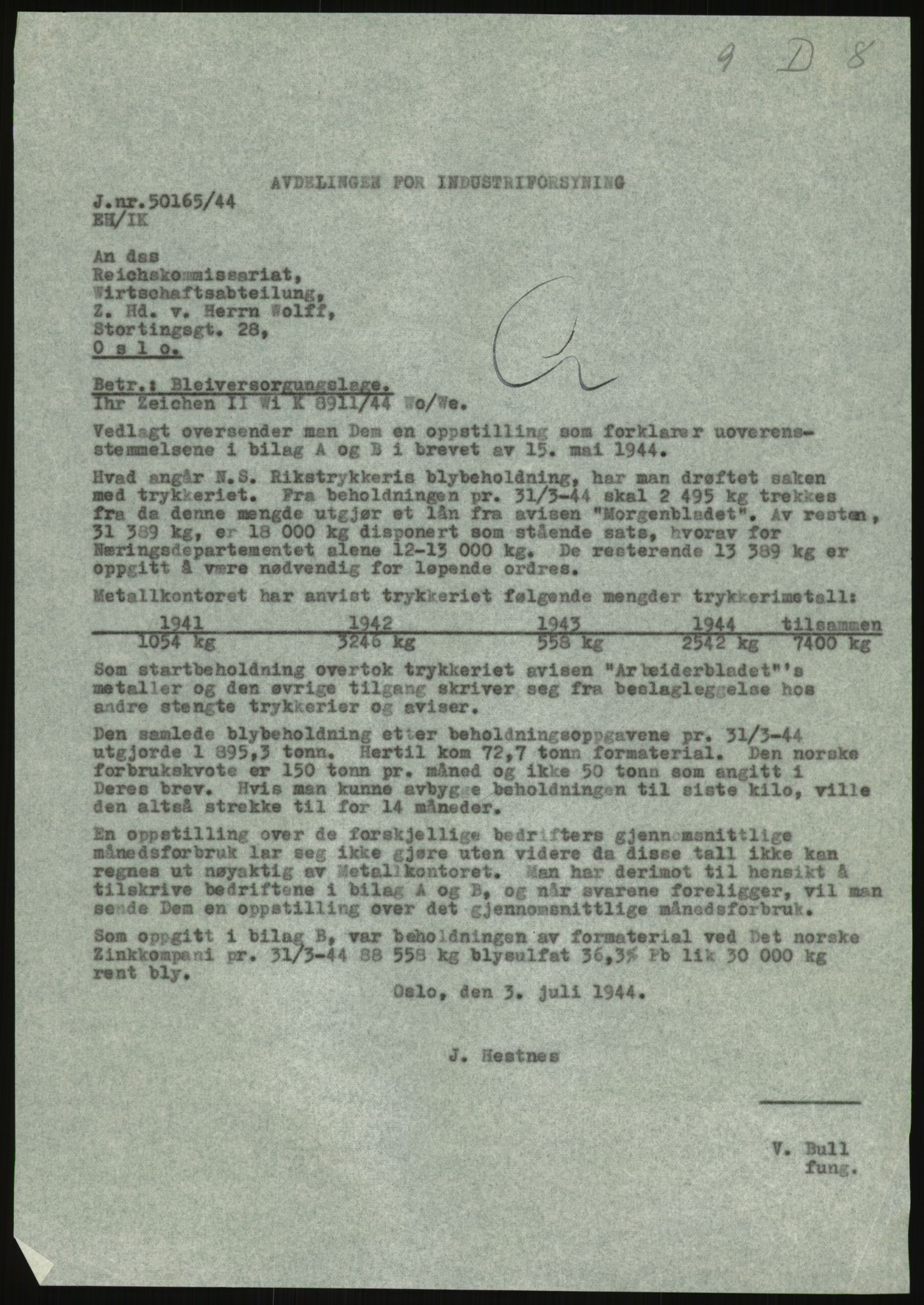 Direktoratet for industriforsyning, Sekretariatet, AV/RA-S-4153/D/Df/L0054: 9. Metallkontoret, 1940-1945, p. 1565