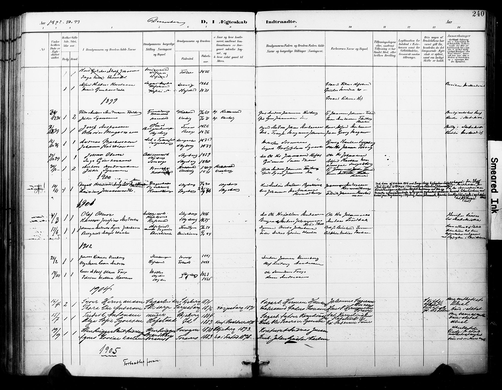 Skjeberg prestekontor Kirkebøker, SAO/A-10923/F/Fa/L0010: Parish register (official) no. I 10, 1898-1911, p. 240