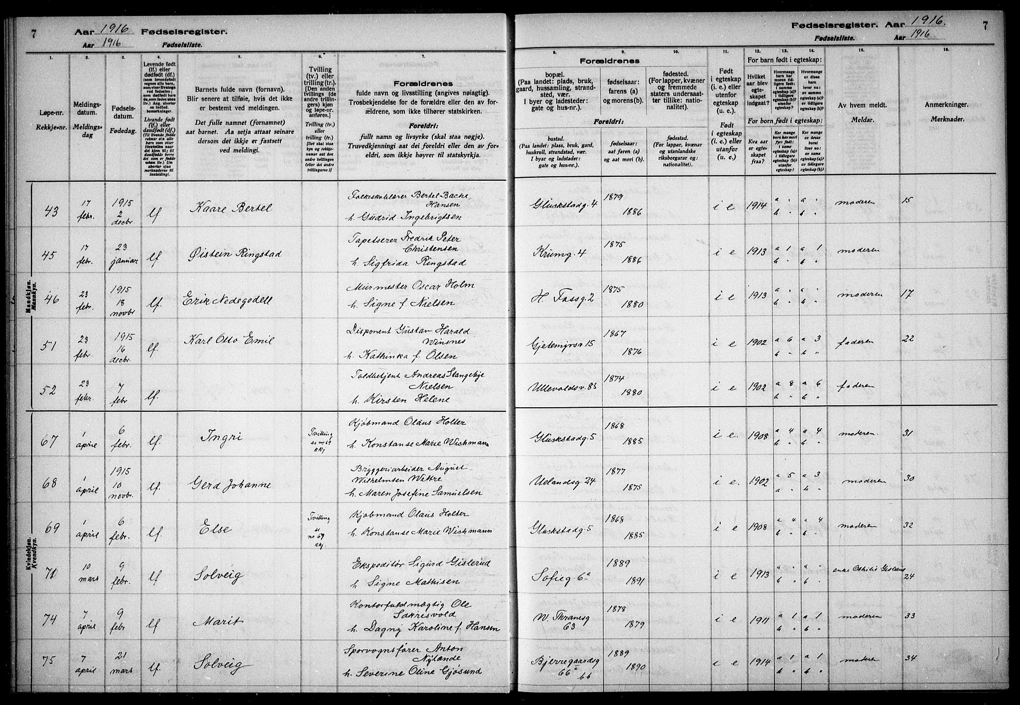 Gamle Aker prestekontor Kirkebøker, AV/SAO-A-10617a/J/L0001: Birth register no. 1, 1916-1927, p. 7