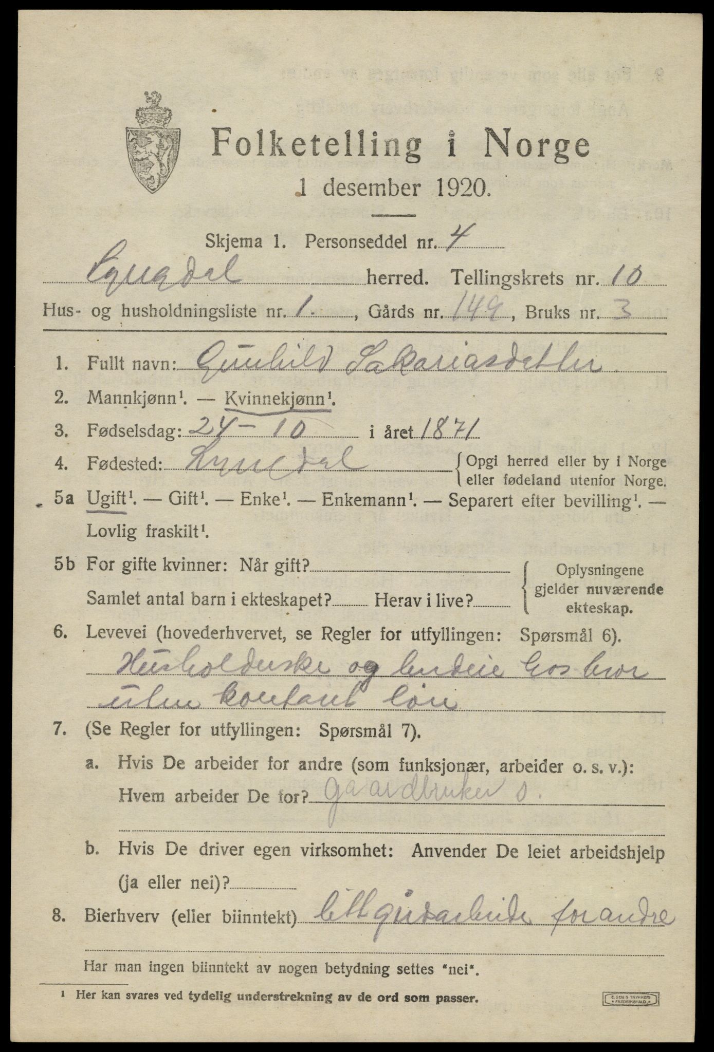 SAK, 1920 census for Lyngdal, 1920, p. 4873