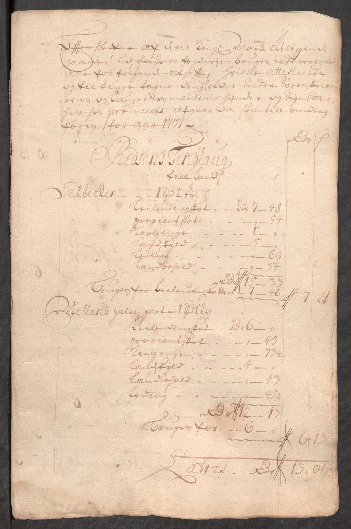 Rentekammeret inntil 1814, Reviderte regnskaper, Fogderegnskap, AV/RA-EA-4092/R57/L3857: Fogderegnskap Fosen, 1706-1707, p. 425