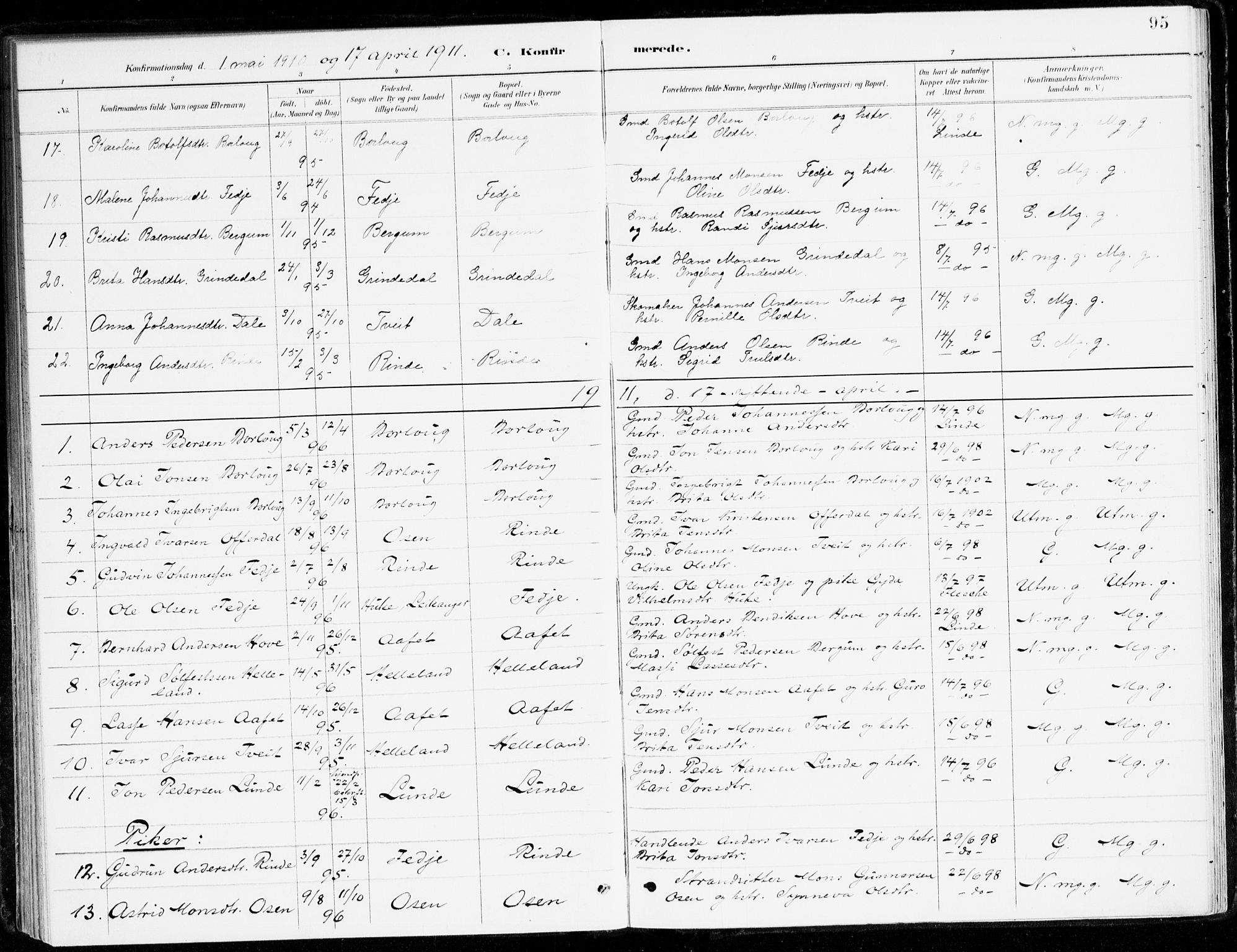 Leikanger sokneprestembete, AV/SAB-A-81001/H/Haa/Haad/L0001: Parish register (official) no. D 1, 1887-1922, p. 95