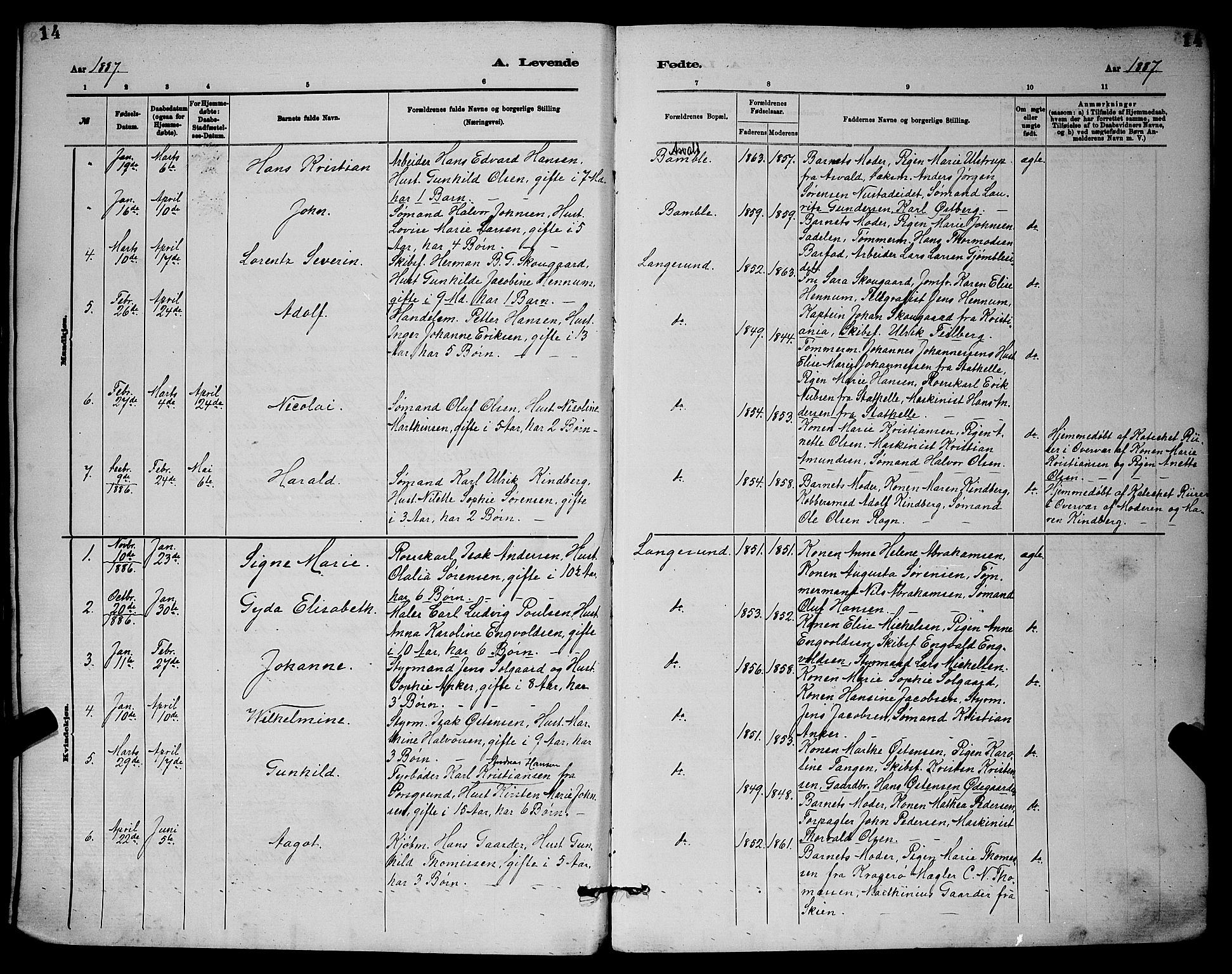 Langesund kirkebøker, SAKO/A-280/G/Ga/L0005: Parish register (copy) no. 5, 1884-1898, p. 14
