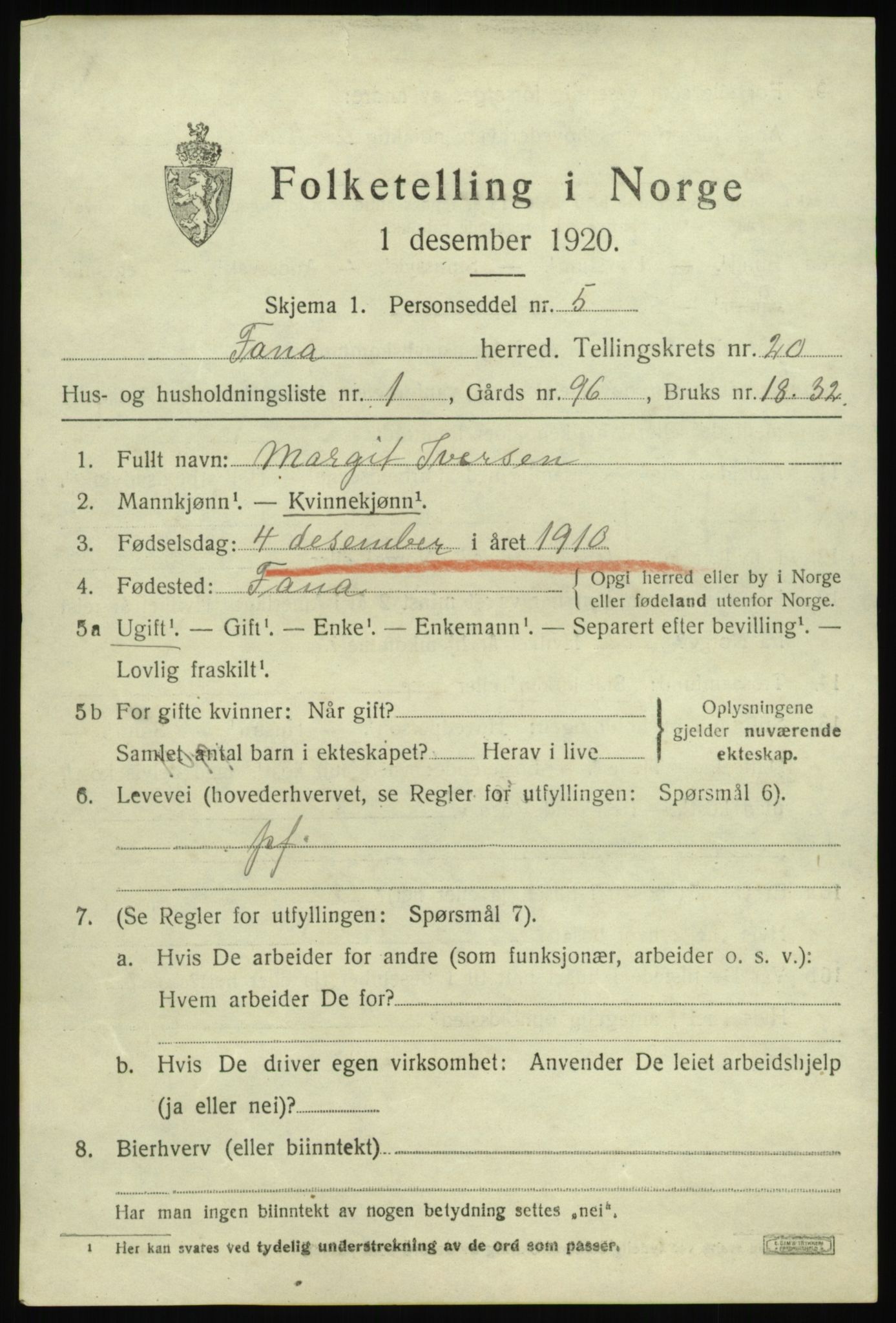 SAB, 1920 census for Fana, 1920, p. 23817