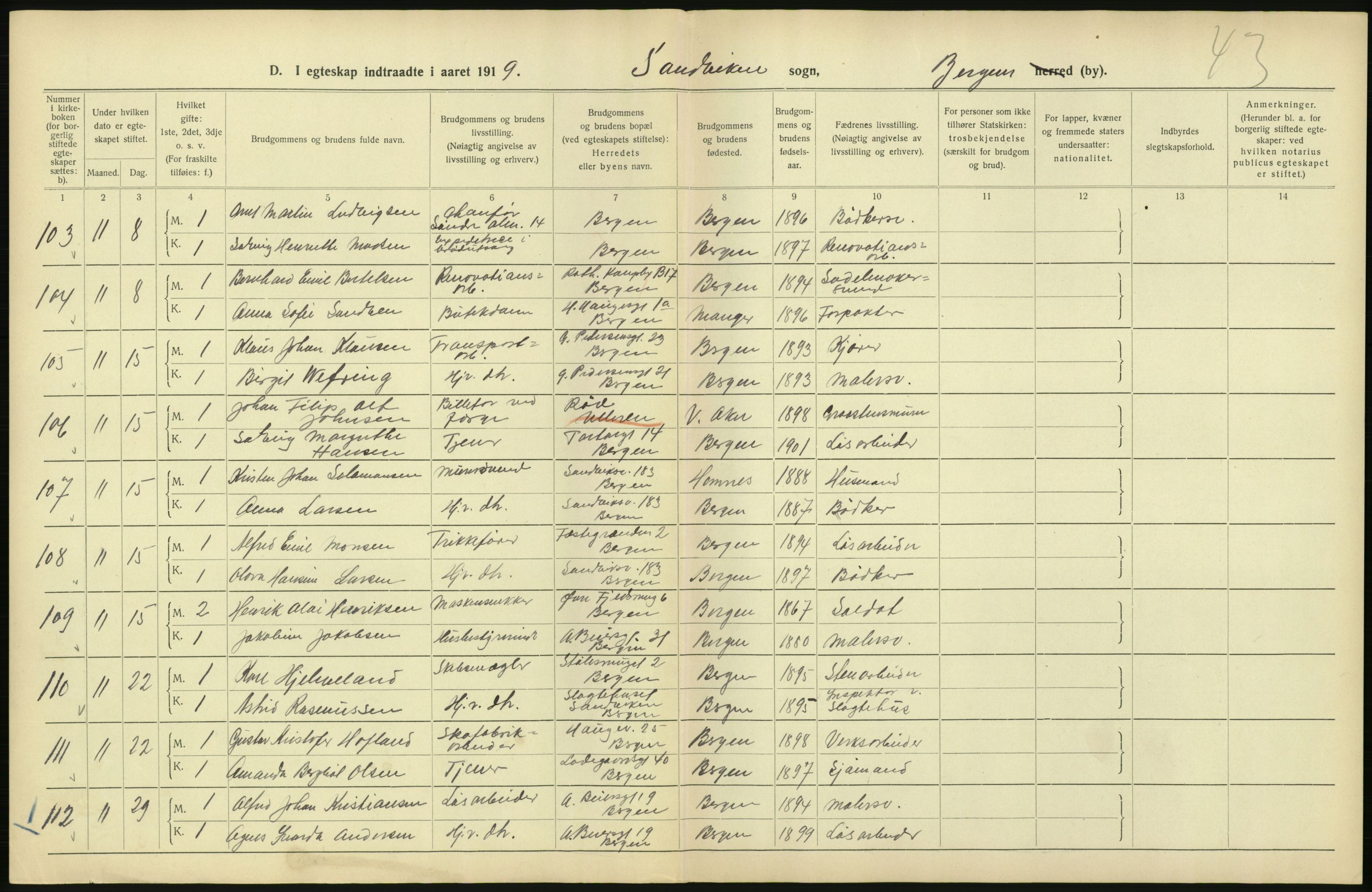 Statistisk sentralbyrå, Sosiodemografiske emner, Befolkning, RA/S-2228/D/Df/Dfb/Dfbi/L0035: Bergen: Gifte, døde, dødfødte., 1919, p. 56