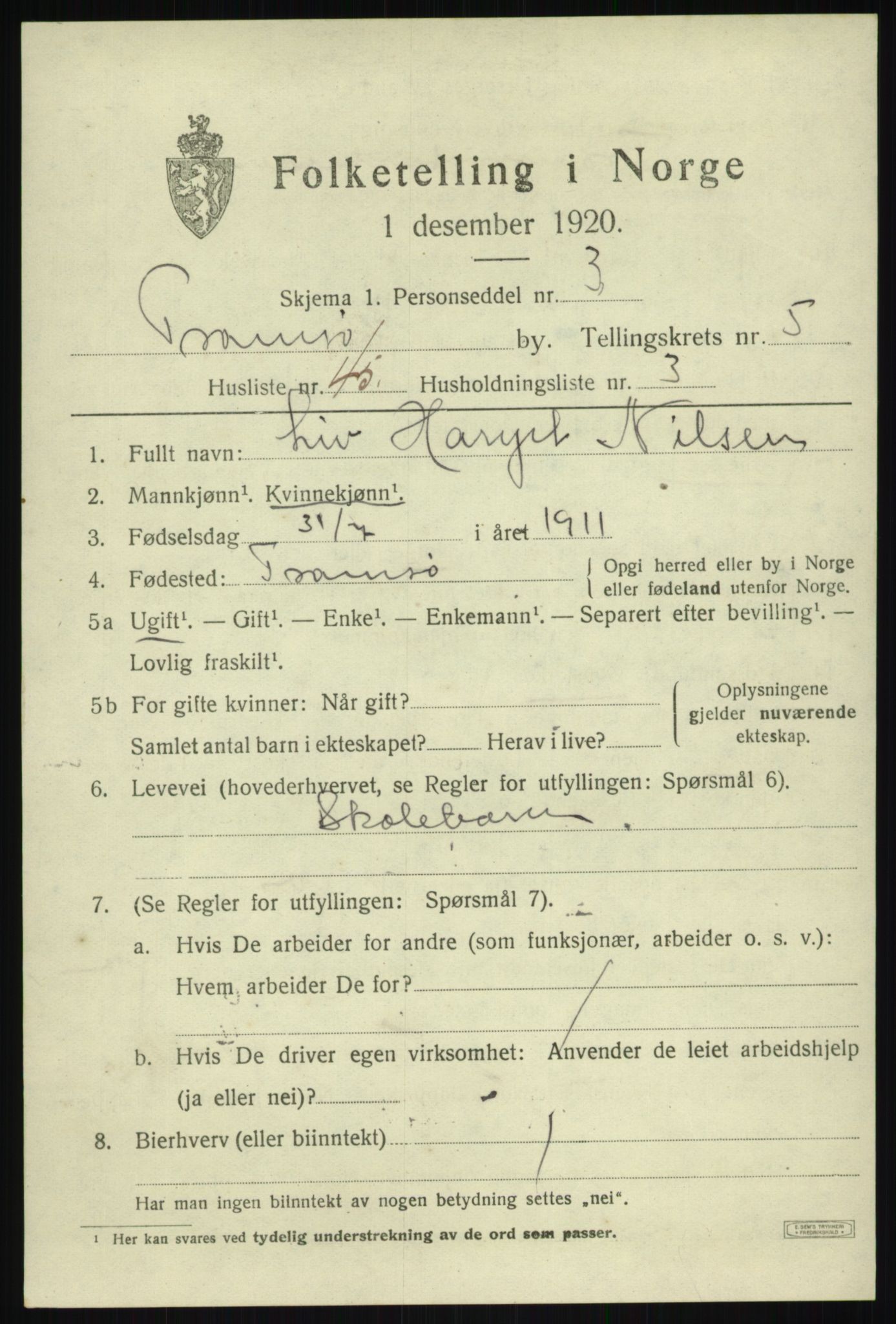 SATØ, 1920 census for Tromsø, 1920, p. 14385