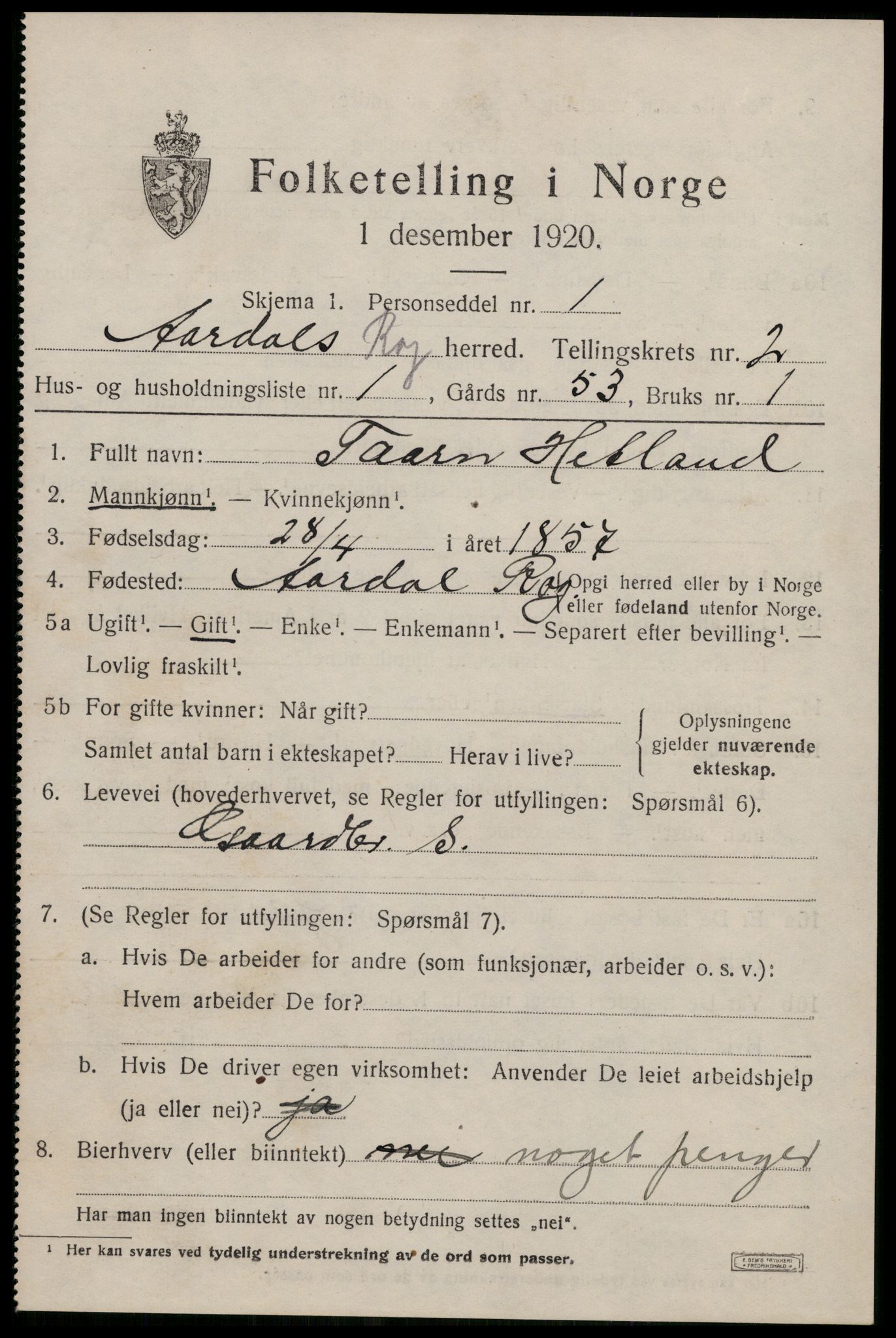 SAST, 1920 census for Årdal, 1920, p. 594