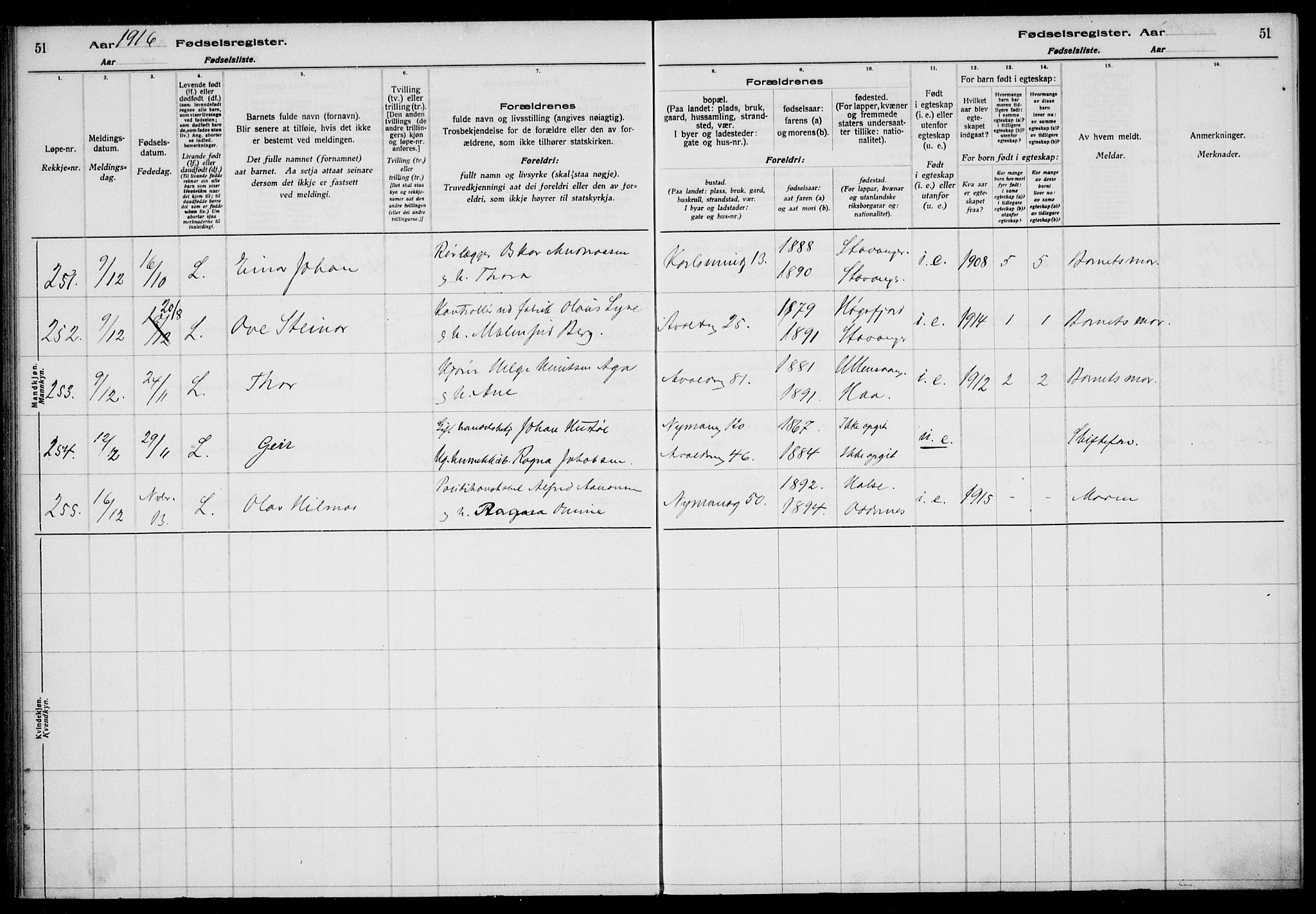 St. Johannes sokneprestkontor, AV/SAST-A-101814/002/A/L0001: Birth register no. 1, 1916-1919, p. 51