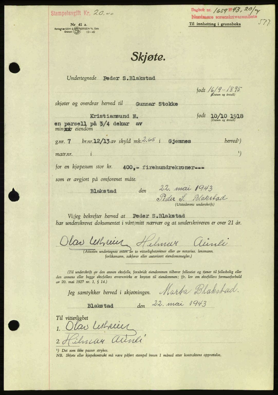 Nordmøre sorenskriveri, AV/SAT-A-4132/1/2/2Ca: Mortgage book no. A95, 1943-1943, Diary no: : 1659/1943