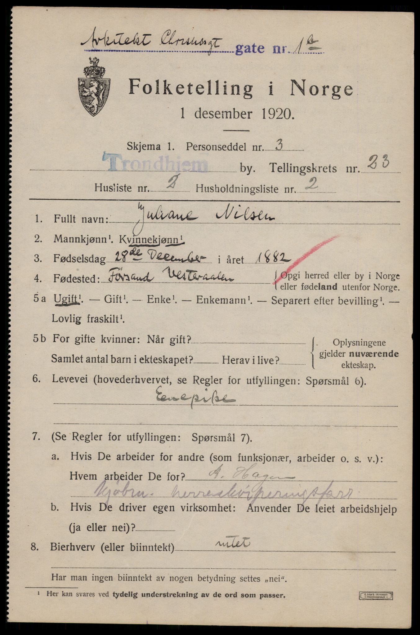 SAT, 1920 census for Trondheim, 1920, p. 63964