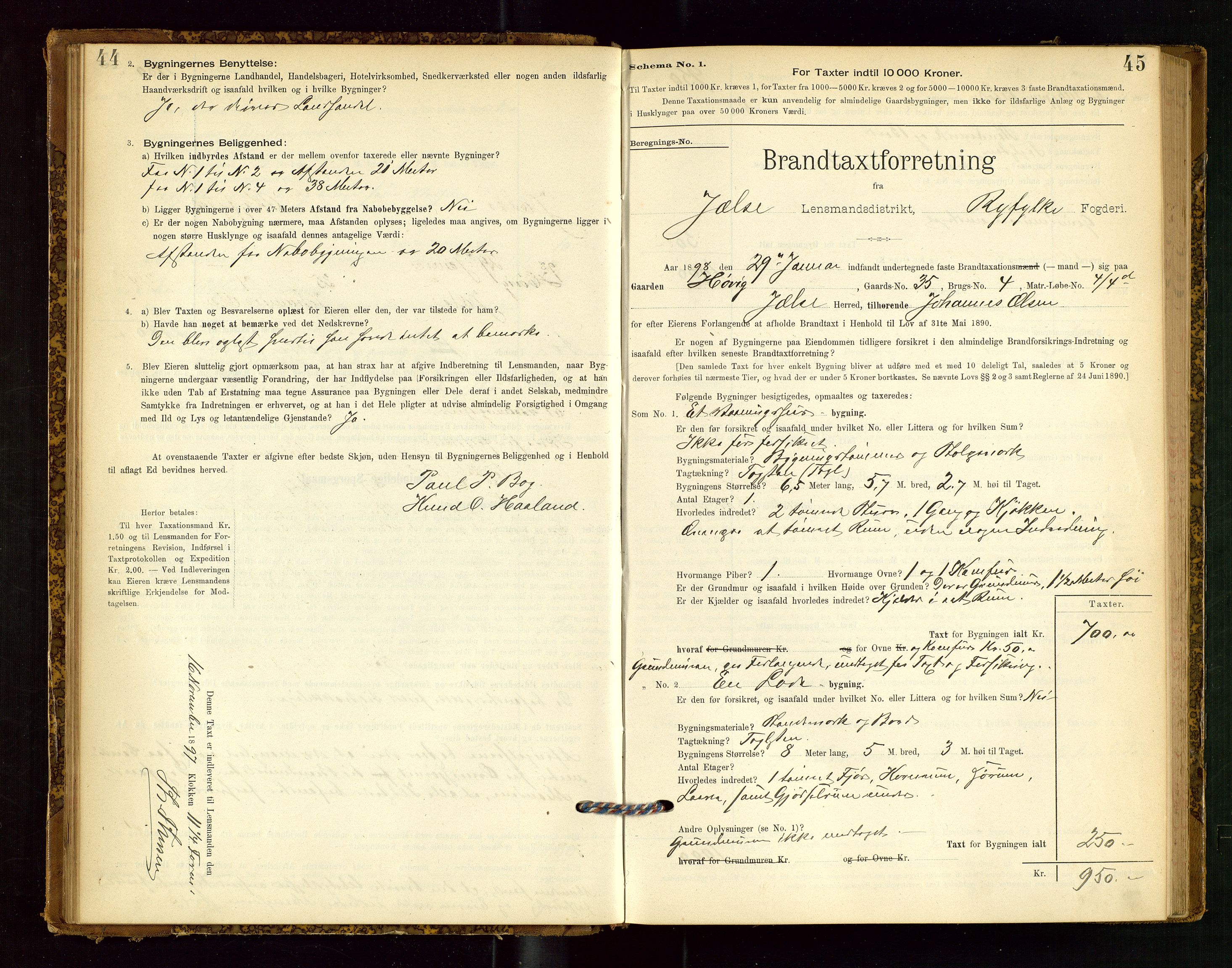 Jelsa lensmannskontor, SAST/A-100360/Gob/L0001: "Brandtaxationsprotocol", 1895-1918, p. 44-45