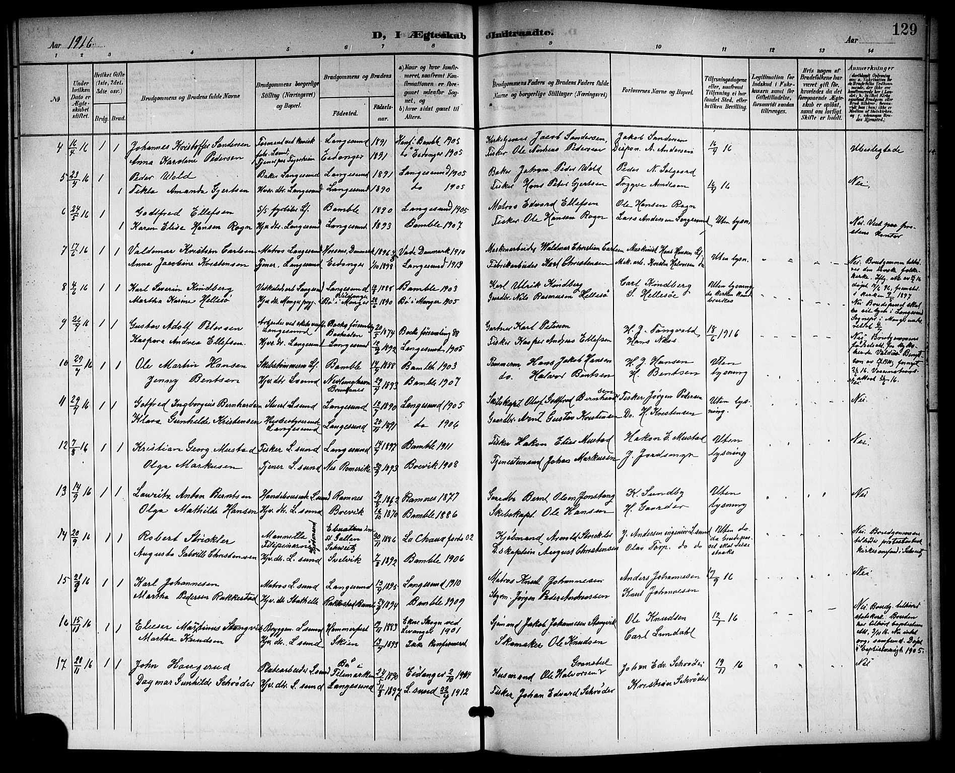 Langesund kirkebøker, SAKO/A-280/G/Ga/L0006: Parish register (copy) no. 6, 1899-1918, p. 129