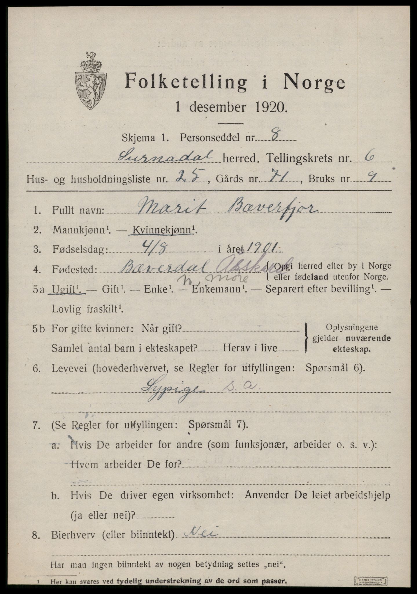 SAT, 1920 census for Surnadal, 1920, p. 4563