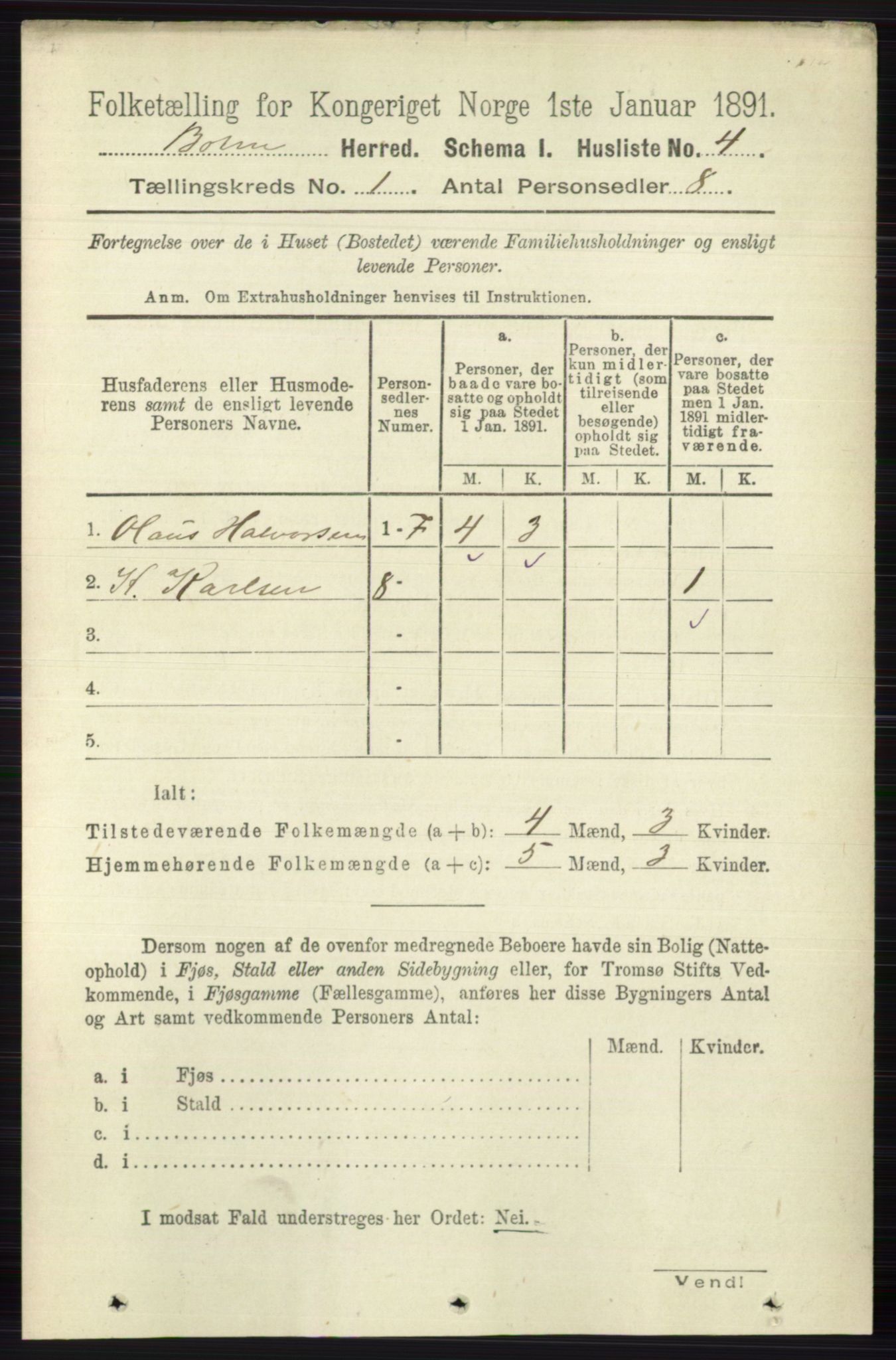 RA, 1891 census for 0715 Botne, 1891, p. 22