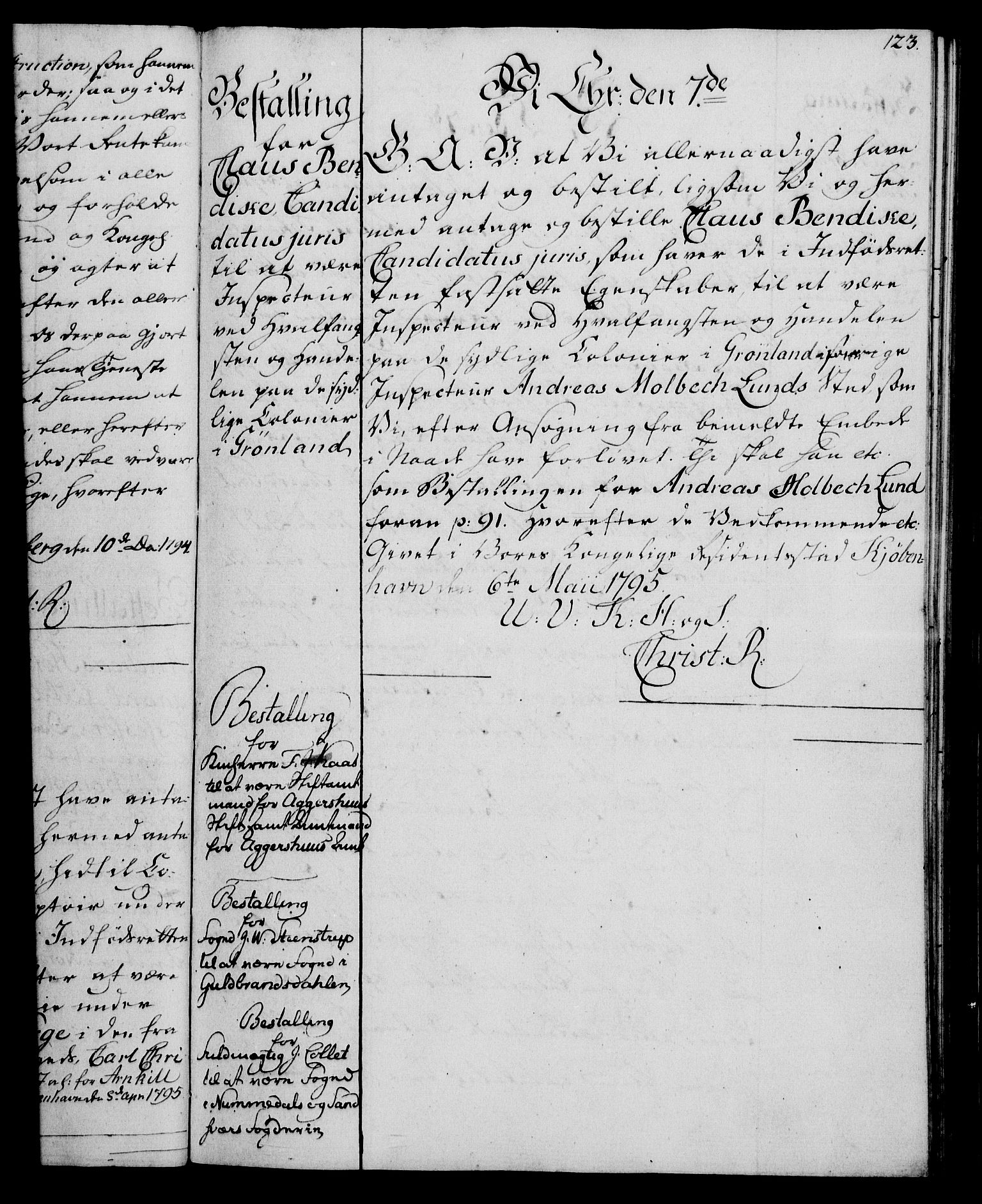 Rentekammeret, Kammerkanselliet, RA/EA-3111/G/Gg/Gge/L0006: Norsk bestallingsprotokoll med register (merket RK 53.30), 1773-1814, p. 123