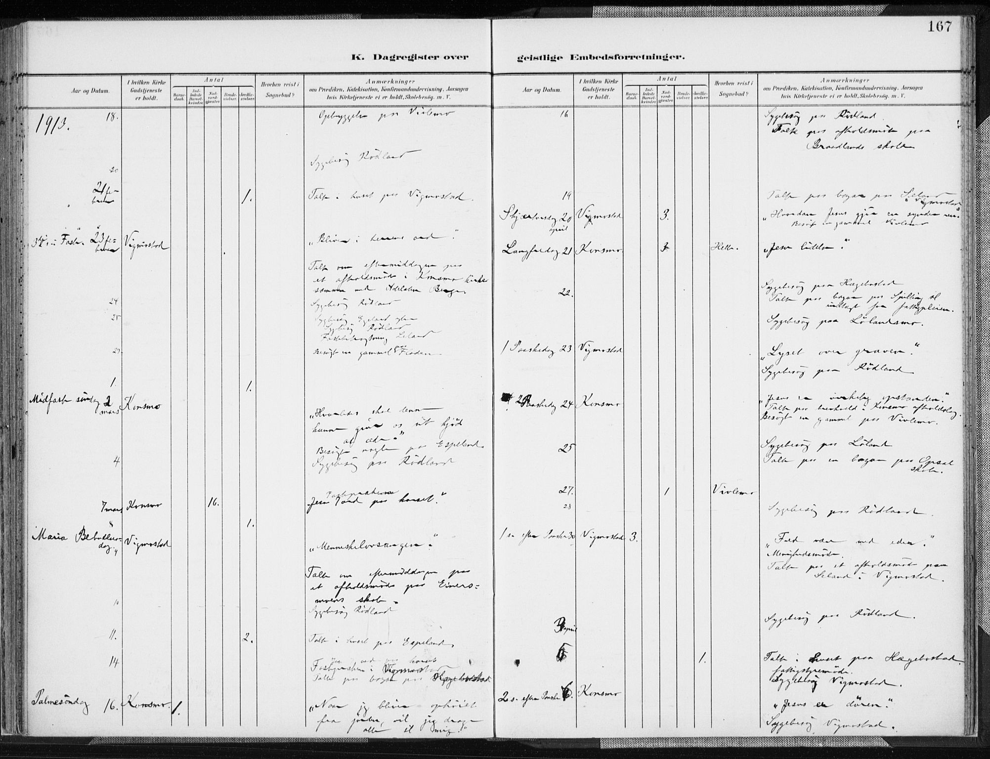 Nord-Audnedal sokneprestkontor, AV/SAK-1111-0032/F/Fa/Fab/L0004: Parish register (official) no. A 4, 1901-1917, p. 167
