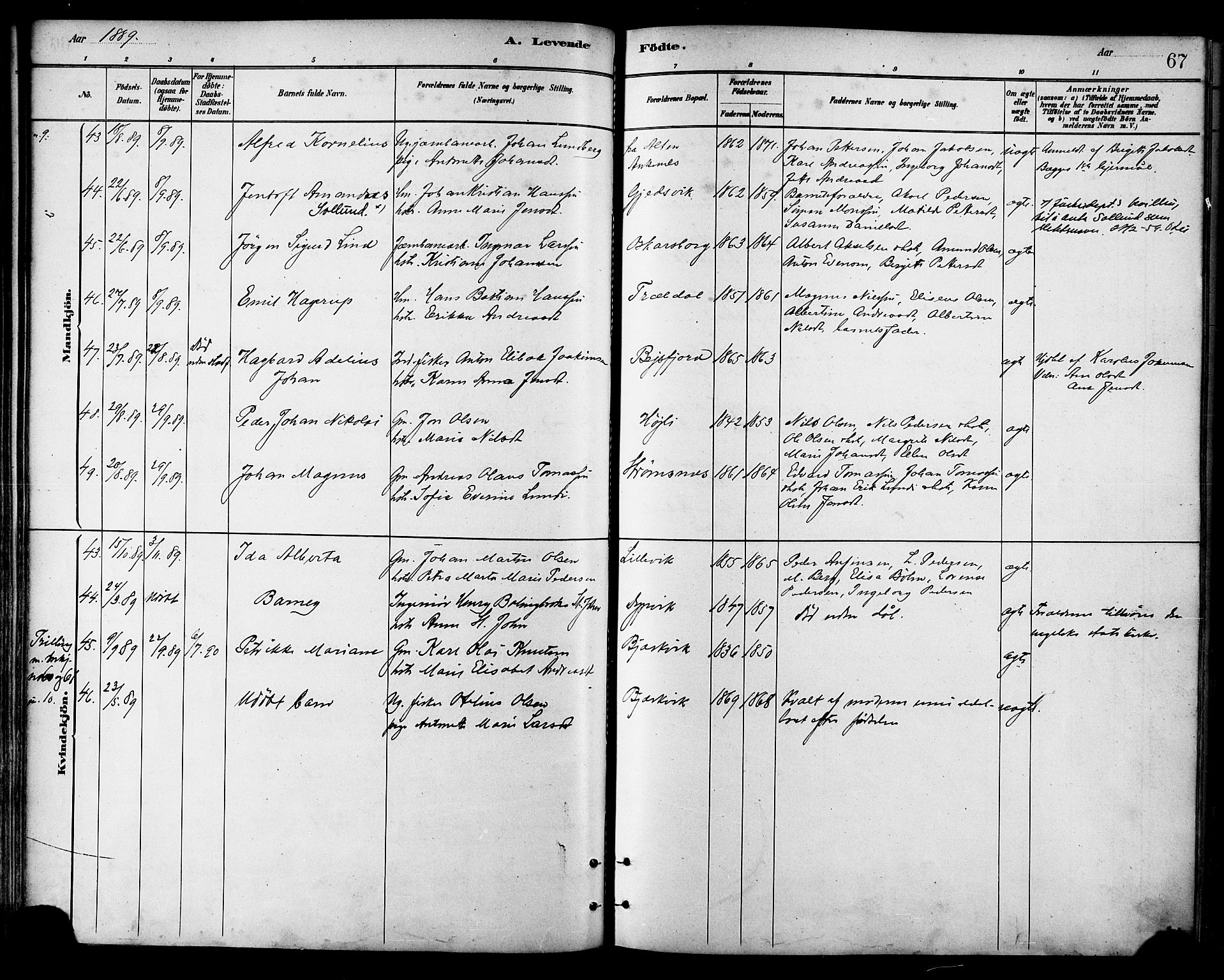 Ministerialprotokoller, klokkerbøker og fødselsregistre - Nordland, AV/SAT-A-1459/866/L0938: Parish register (official) no. 866A01, 1879-1893, p. 67
