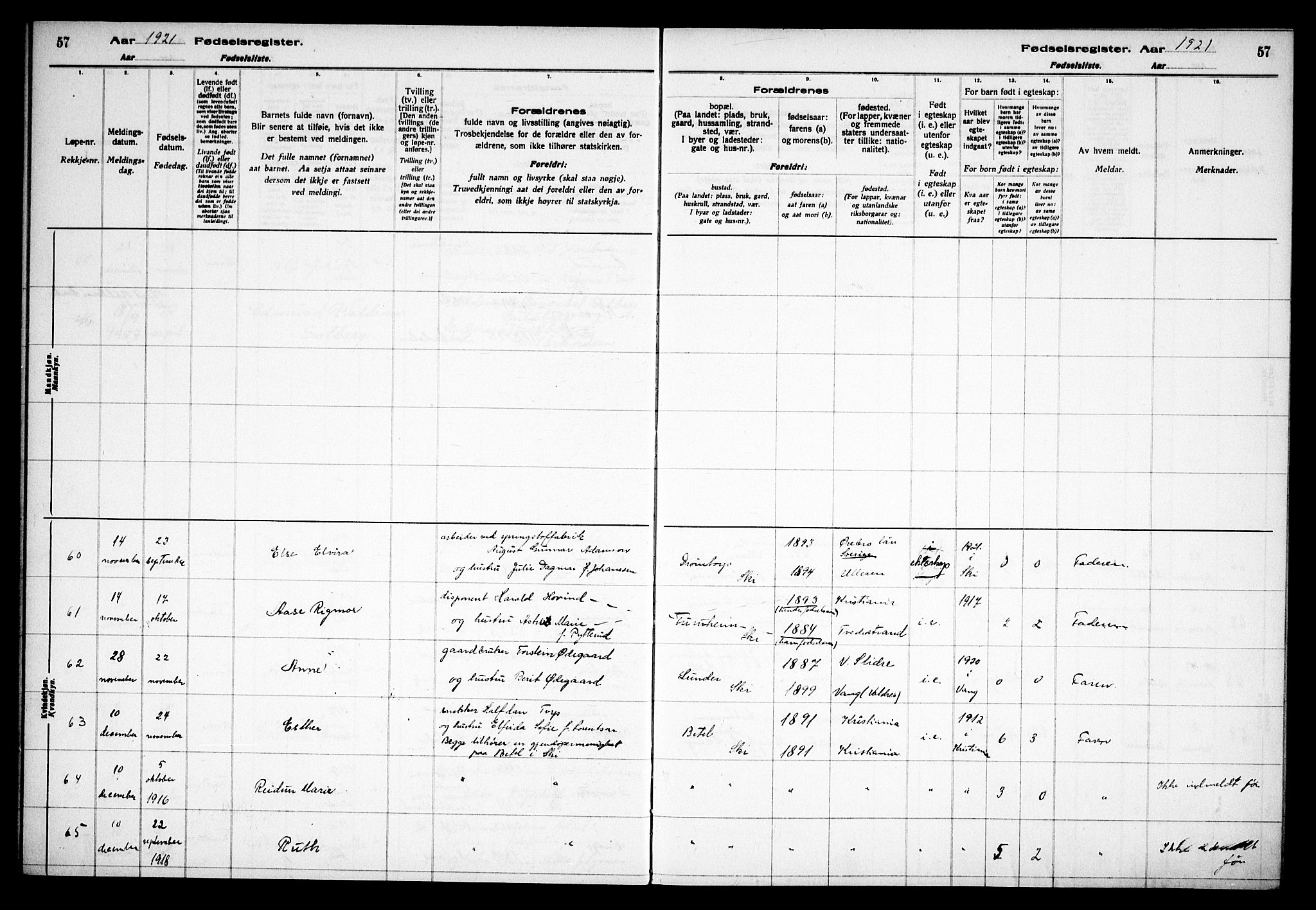 Kråkstad prestekontor Kirkebøker, AV/SAO-A-10125a/J/Jb/L0001: Birth register no. II 1, 1916-1936, p. 57