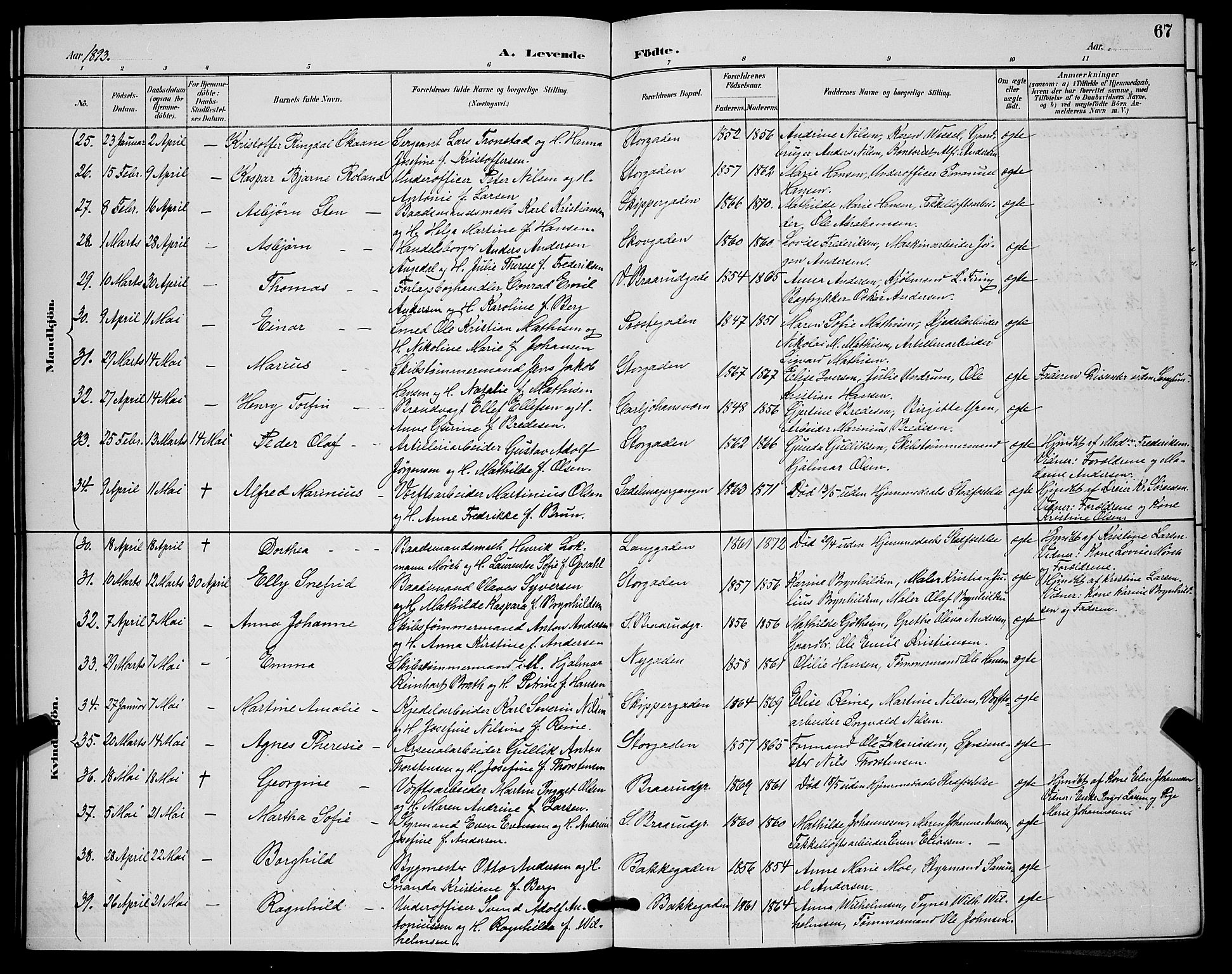 Horten kirkebøker, AV/SAKO-A-348/G/Ga/L0005: Parish register (copy) no. 5, 1888-1895, p. 67