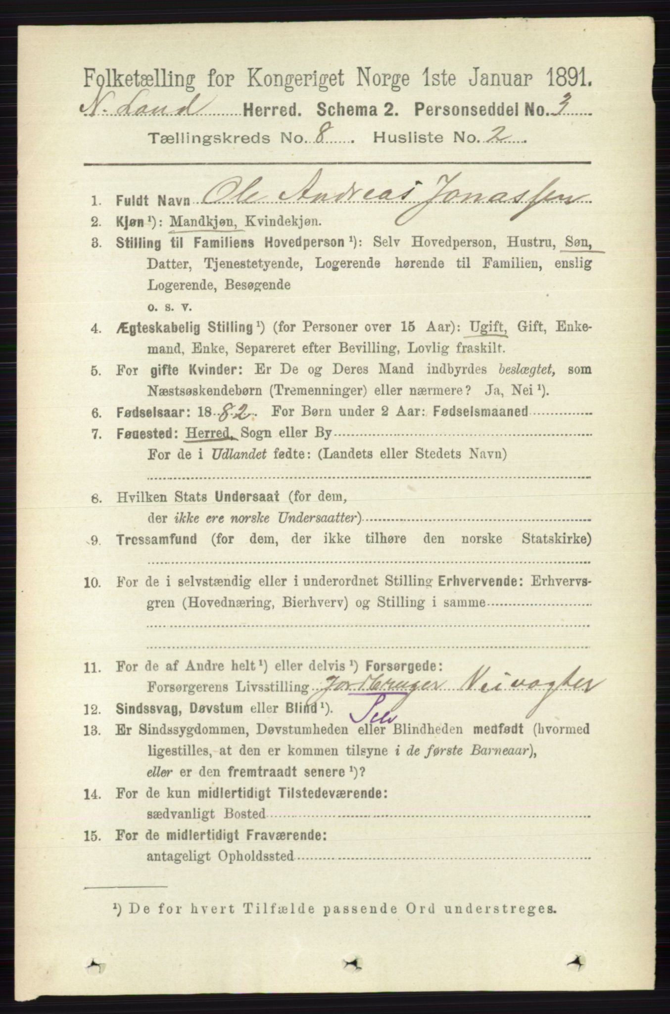 RA, 1891 census for 0538 Nordre Land, 1891, p. 2213