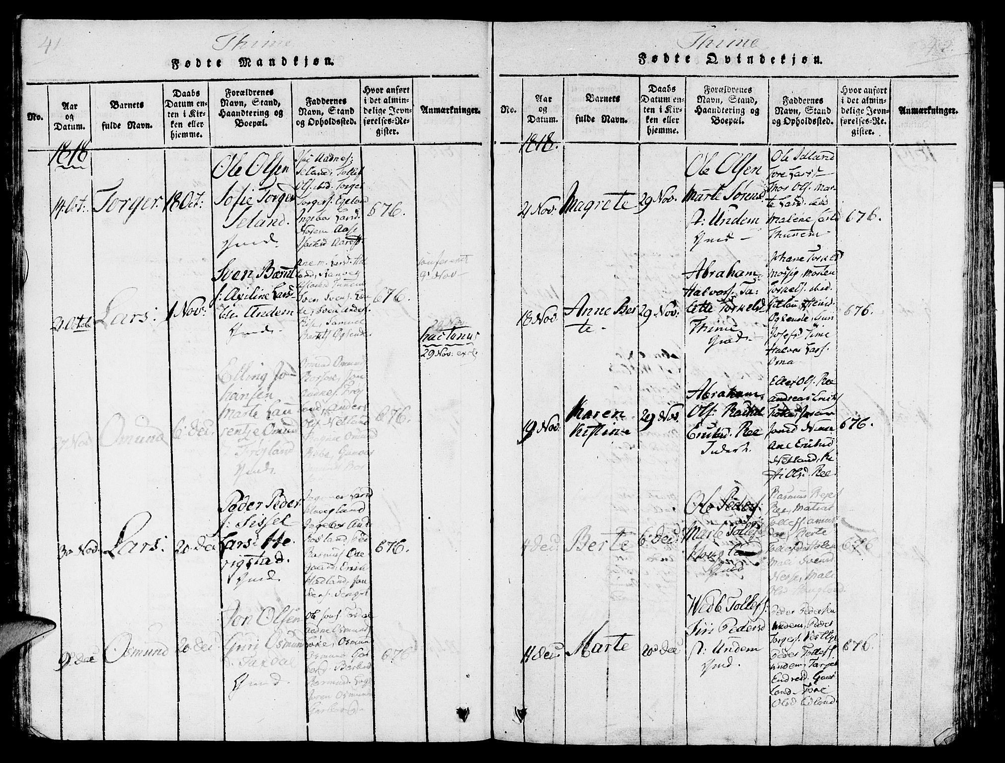 Lye sokneprestkontor, AV/SAST-A-101794/001/30/30BA/L0003: Parish register (official) no. A 3 /1, 1816-1826, p. 41-42