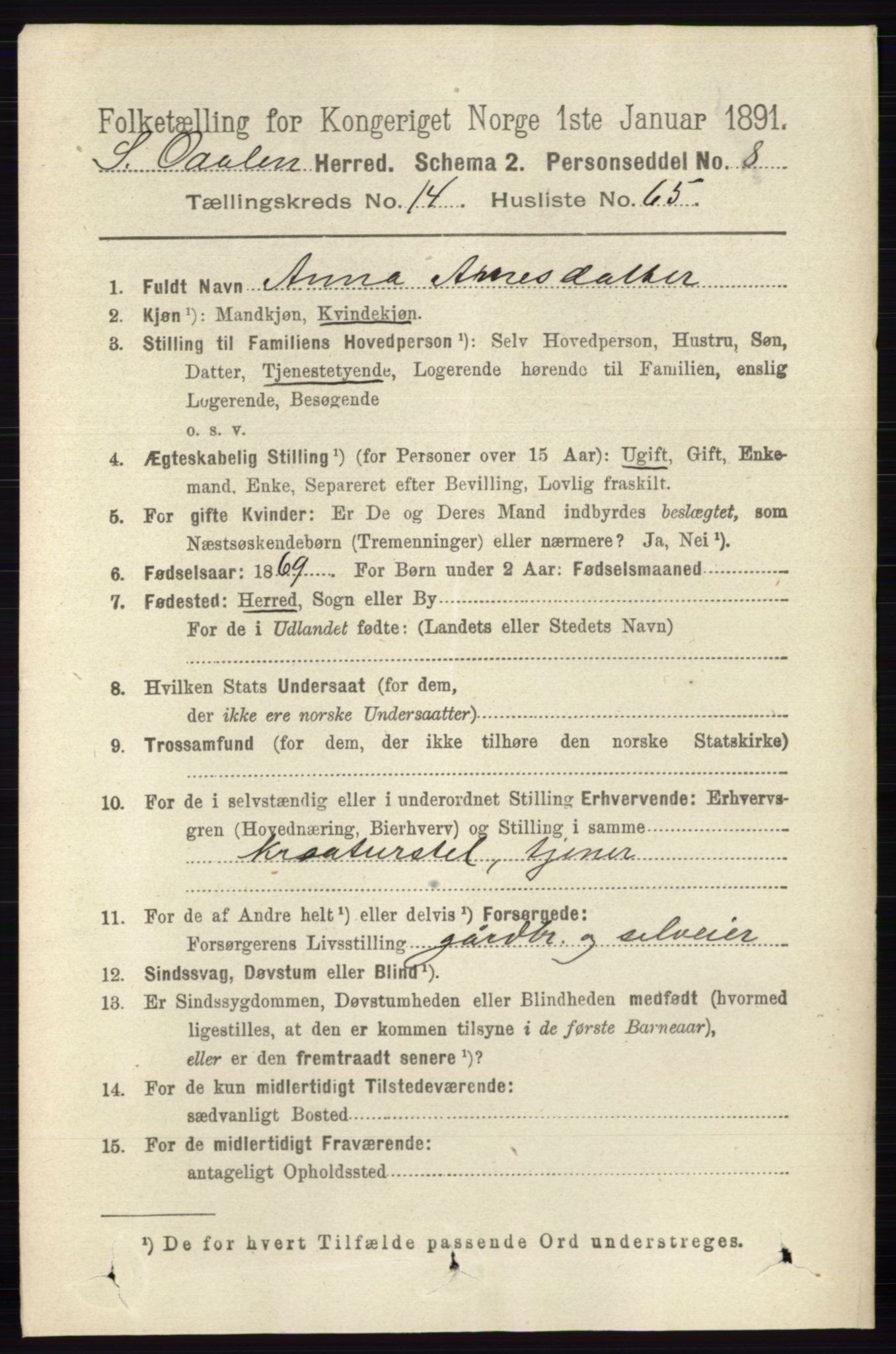 RA, 1891 census for 0419 Sør-Odal, 1891, p. 6462