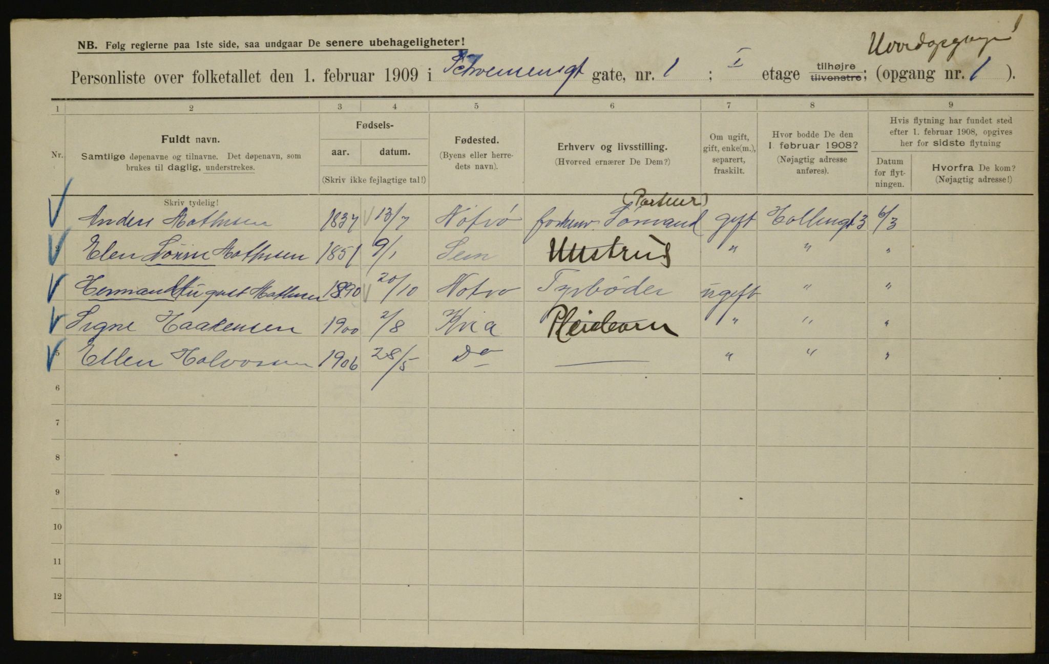 OBA, Municipal Census 1909 for Kristiania, 1909, p. 84132