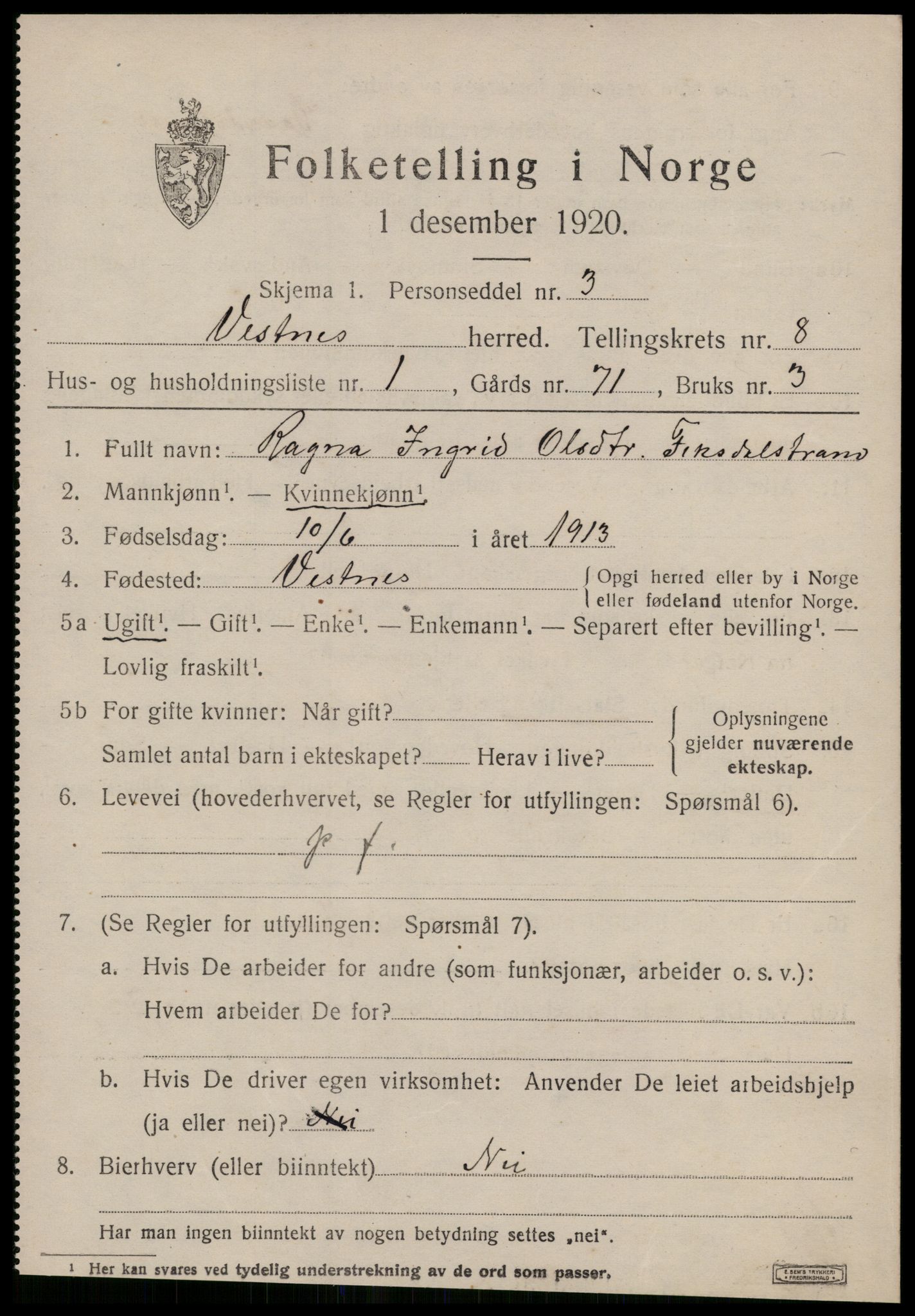 SAT, 1920 census for Vestnes, 1920, p. 5585