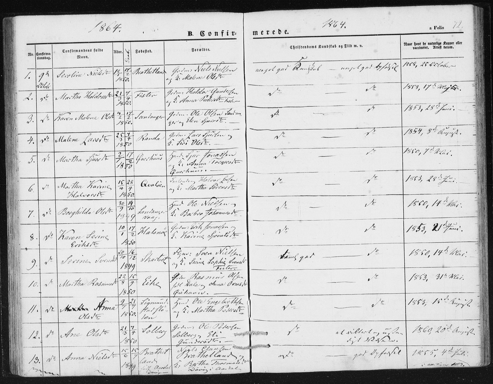 Hjelmeland sokneprestkontor, AV/SAST-A-101843/01/IV/L0010: Parish register (official) no. A 10, 1851-1871, p. 72