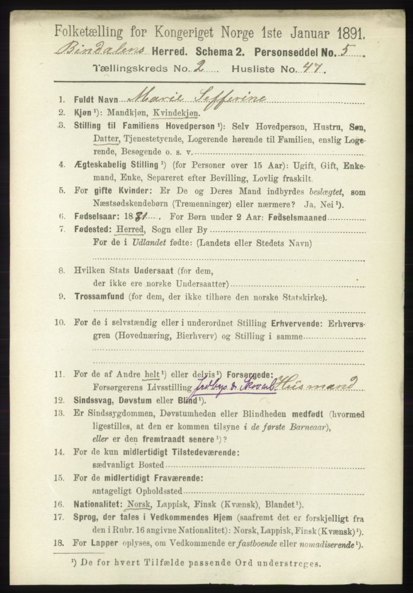 RA, 1891 census for 1811 Bindal, 1891, p. 583