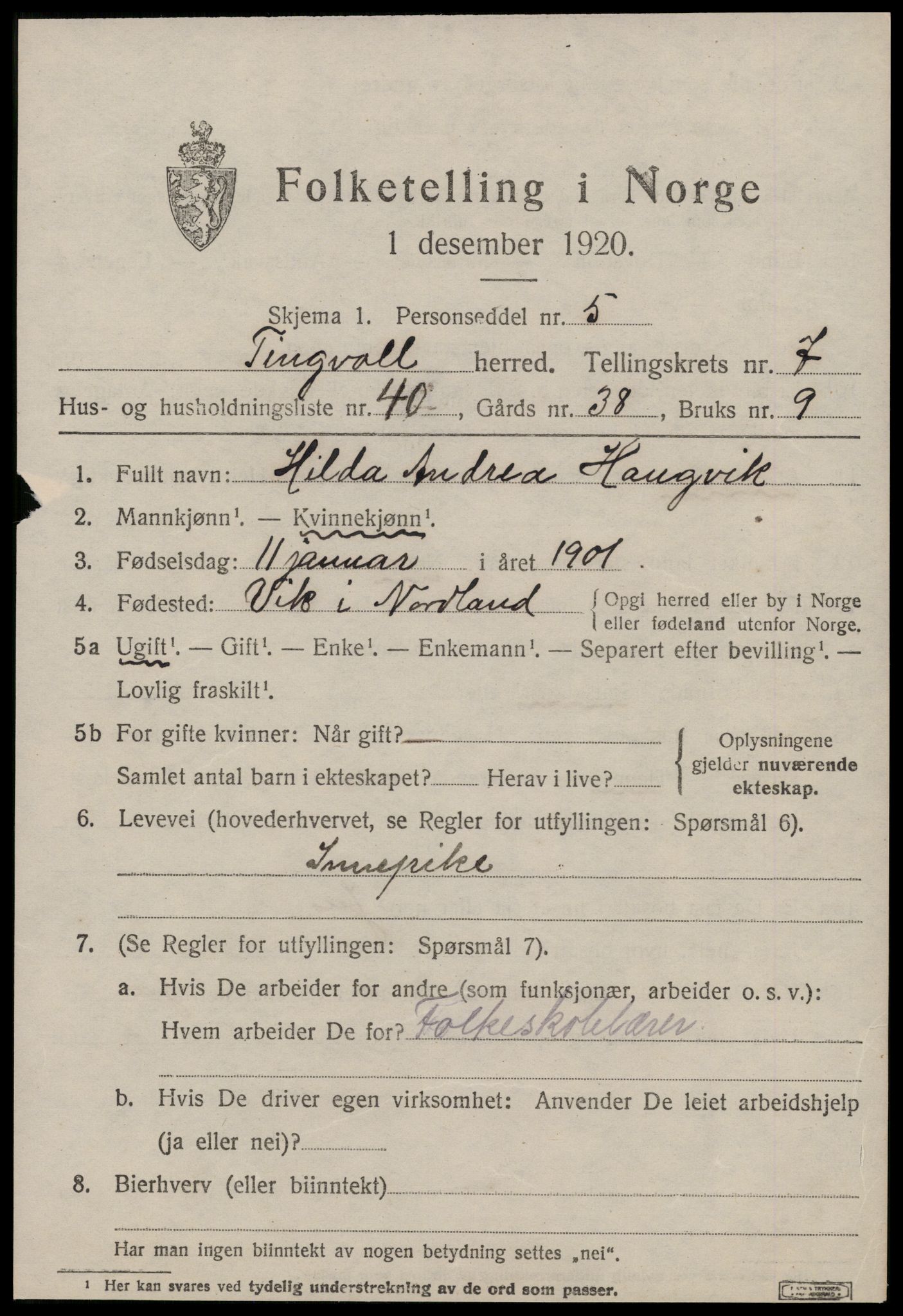 SAT, 1920 census for Tingvoll, 1920, p. 3674