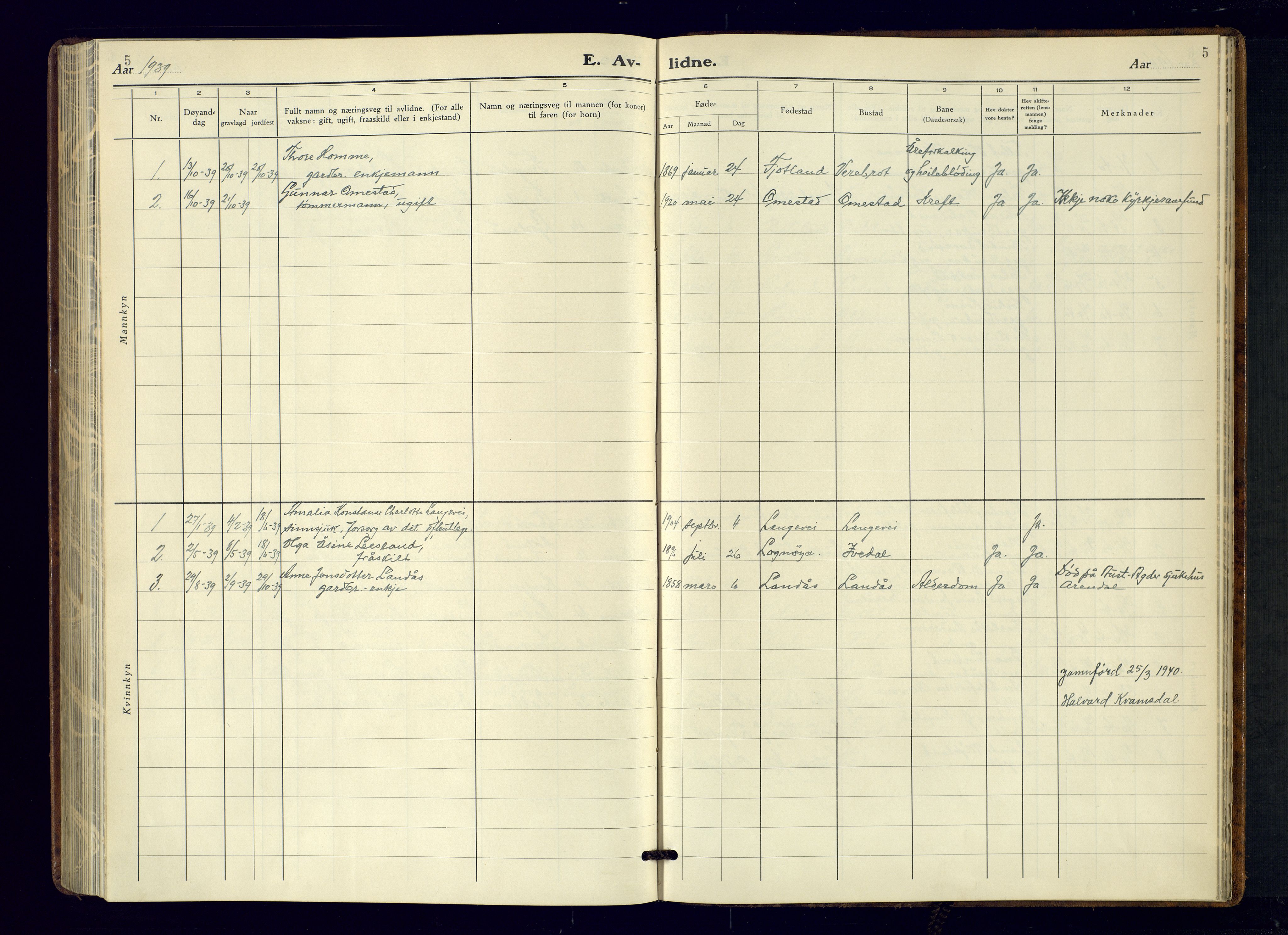 Evje sokneprestkontor, AV/SAK-1111-0008/F/Fb/Fbc/L0006: Parish register (copy) no. B-6, 1933-1971, p. 5