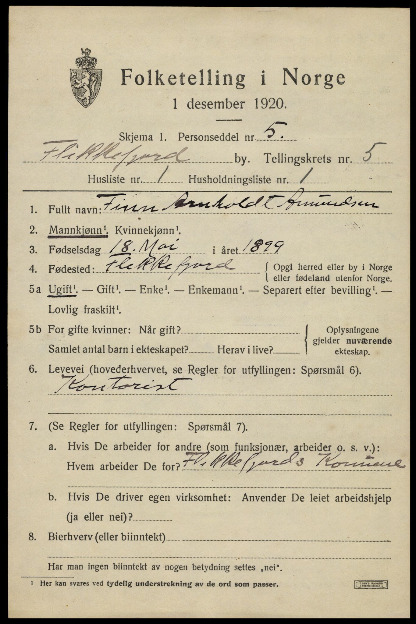 SAK, 1920 census for Flekkefjord, 1920, p. 5144