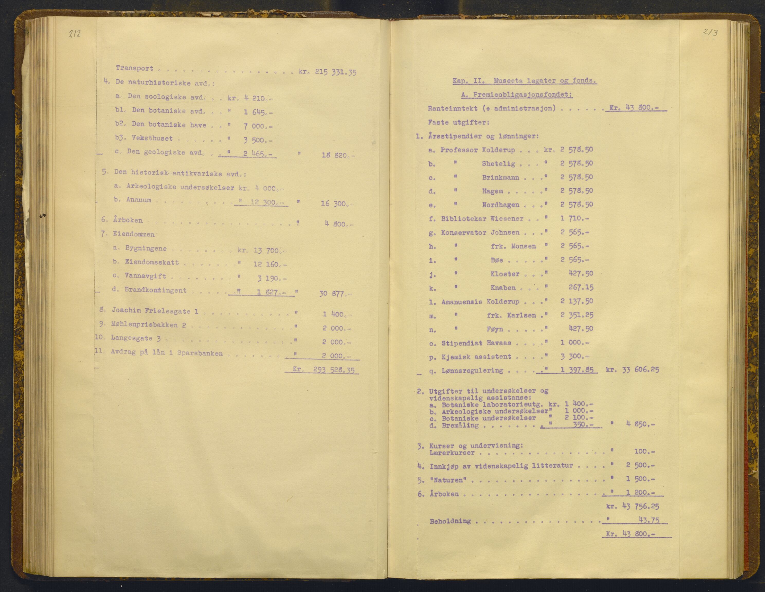 Bergens Museum, AV/SAB-A-17301/02/A/L0009: Forhandlingsprotokoll med register , 1927-1943, p. 212-213
