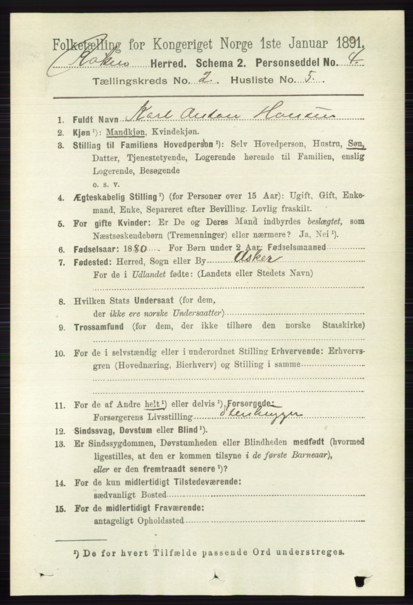 RA, 1891 census for 0627 Røyken, 1891, p. 581