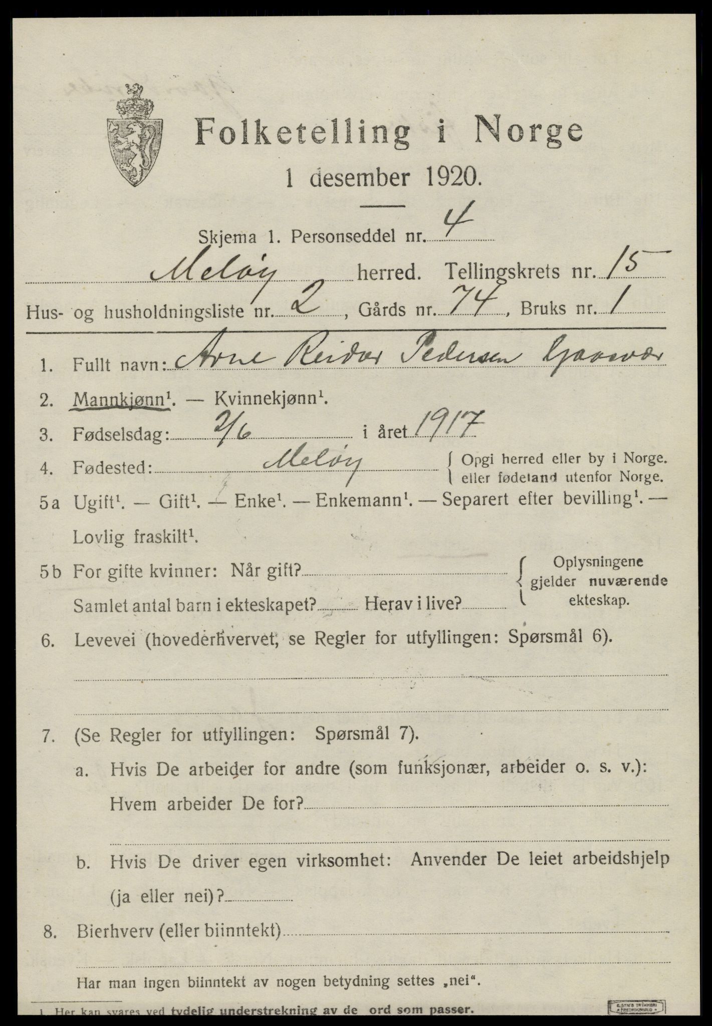 SAT, 1920 census for Meløy, 1920, p. 10077