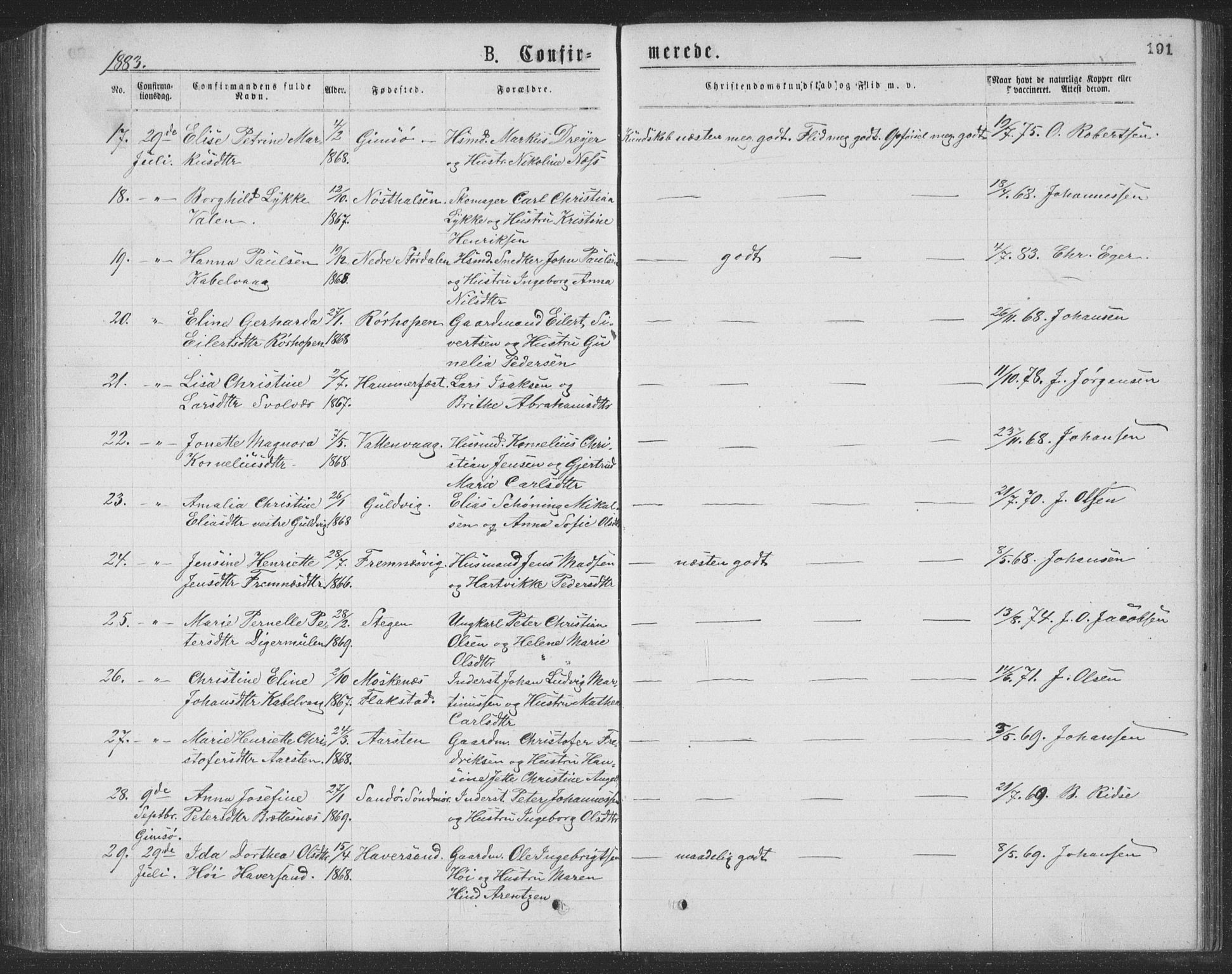 Ministerialprotokoller, klokkerbøker og fødselsregistre - Nordland, AV/SAT-A-1459/874/L1075: Parish register (copy) no. 874C04, 1876-1883, p. 191