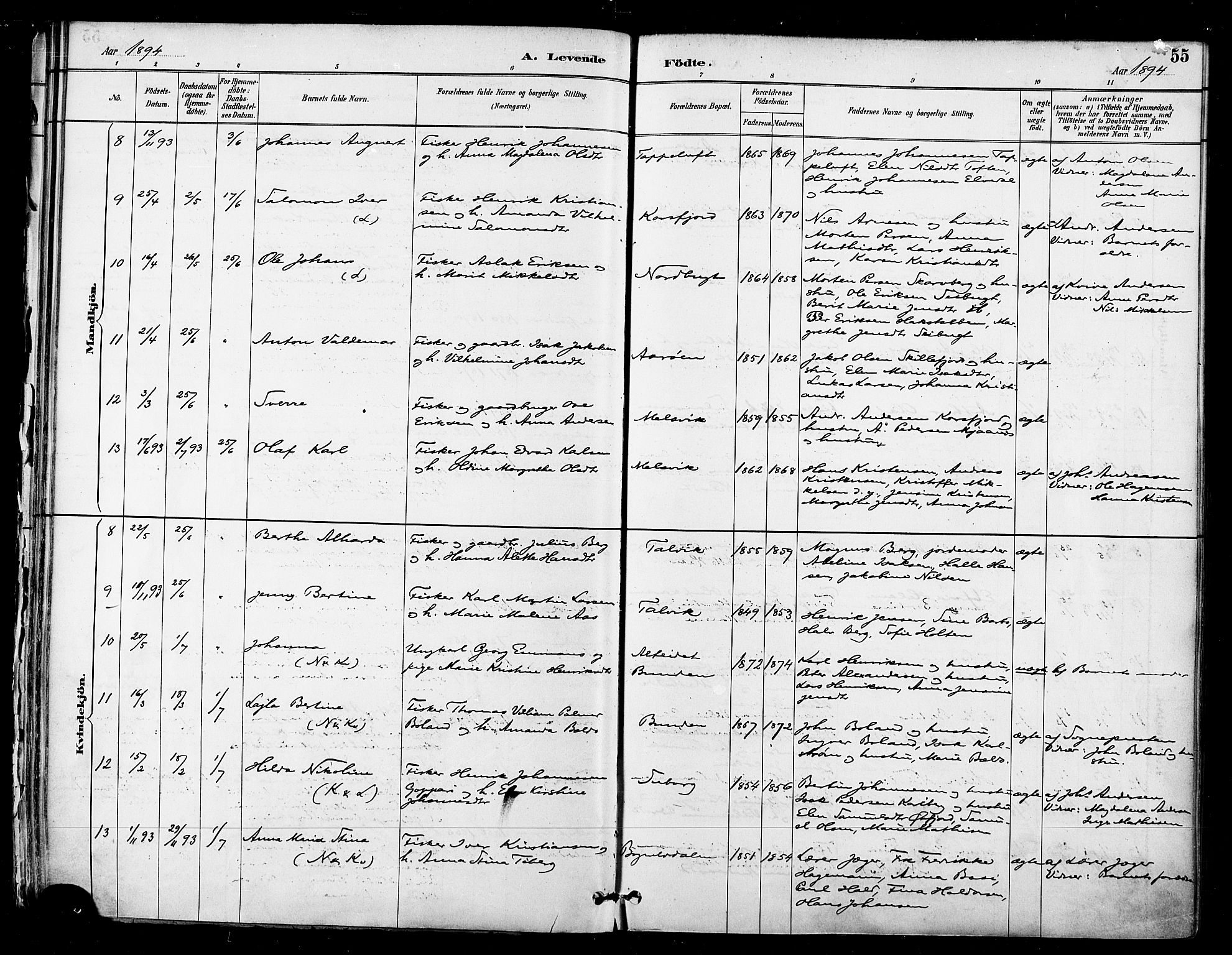 Talvik sokneprestkontor, AV/SATØ-S-1337/H/Ha/L0013kirke: Parish register (official) no. 13, 1886-1897, p. 55