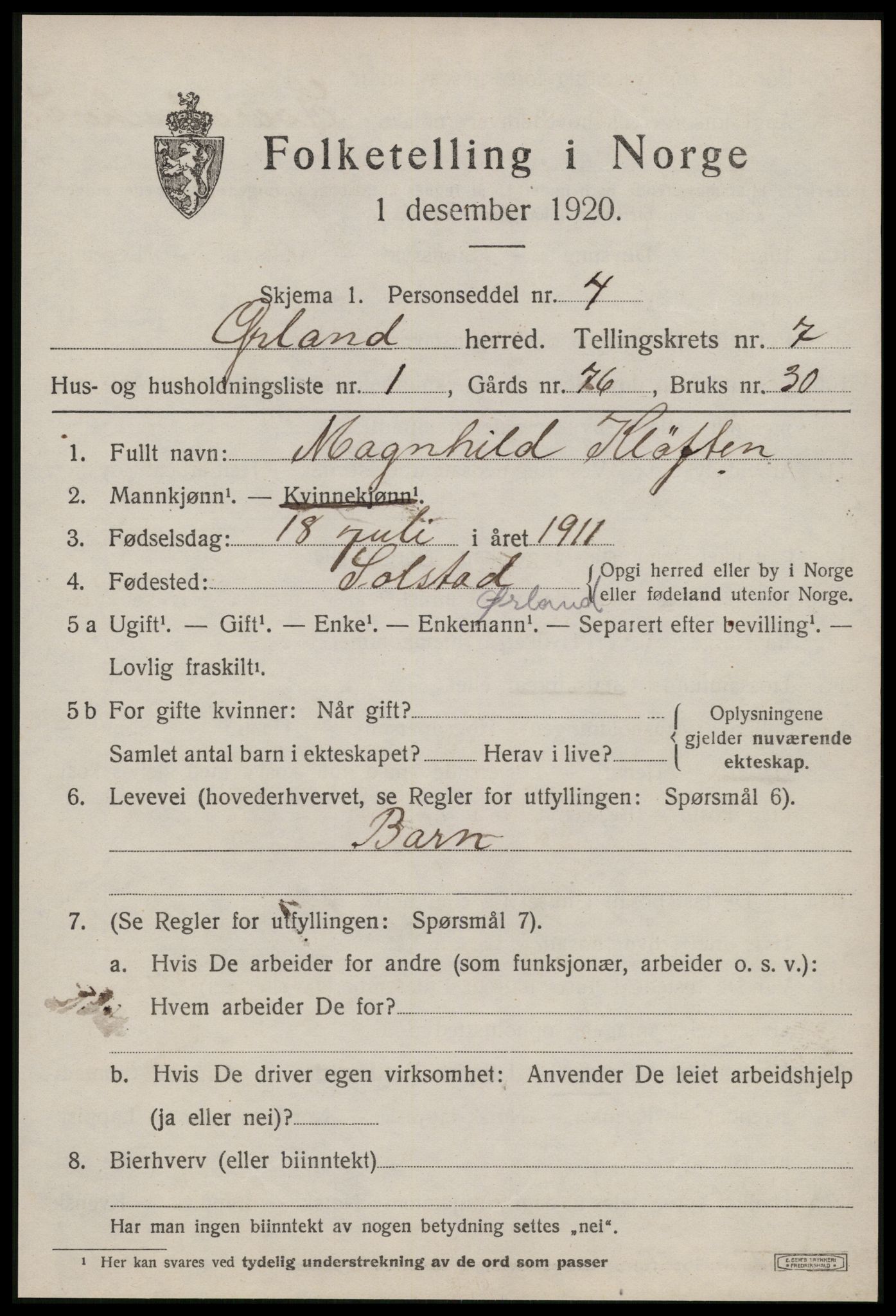 SAT, 1920 census for Ørland, 1920, p. 6099