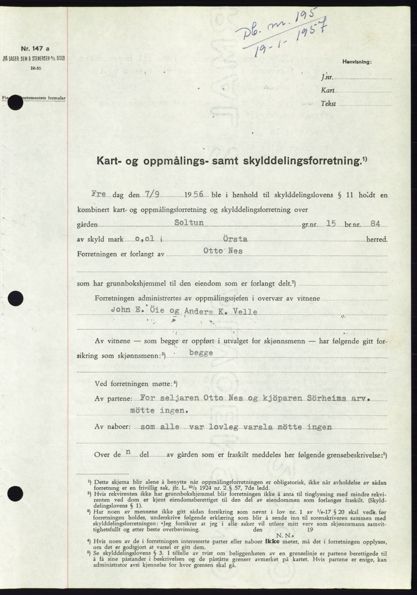 Søre Sunnmøre sorenskriveri, AV/SAT-A-4122/1/2/2C/L0105: Mortgage book no. 31A, 1956-1957, Diary no: : 195/1957