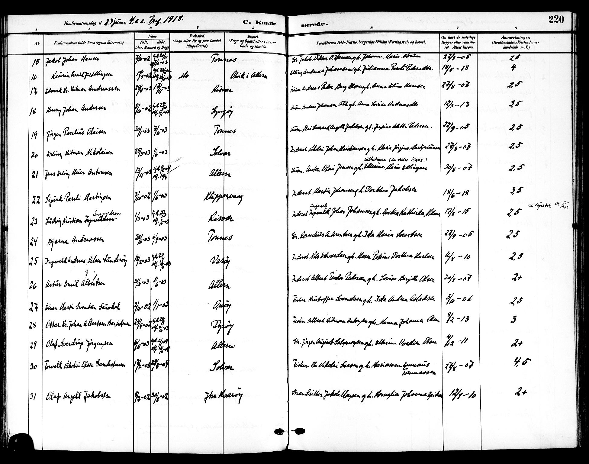 Ministerialprotokoller, klokkerbøker og fødselsregistre - Nordland, SAT/A-1459/839/L0569: Parish register (official) no. 839A06, 1903-1922, p. 220
